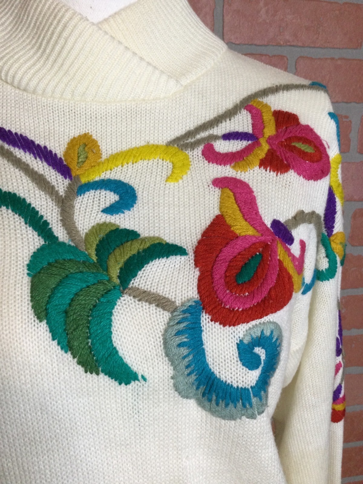 Vintage Darian Acrylic Knit Sweater Dress Crewel Embroidered Floral Slouch Midi