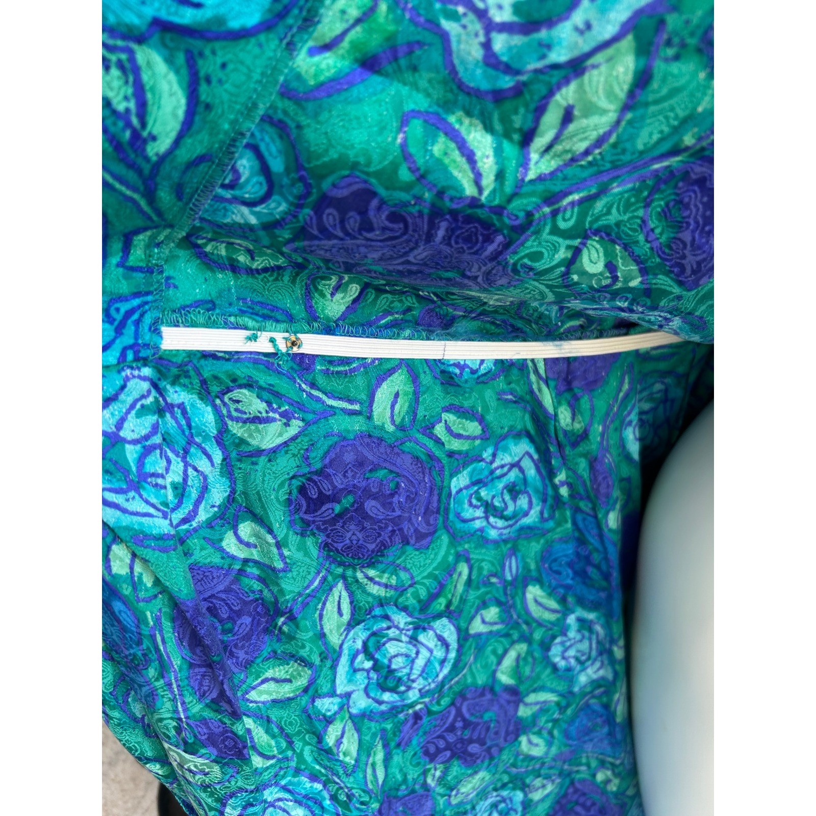 Vintage Silk Floral Wrap Dress Sz 14 Teal Blue Purple 80s Belted