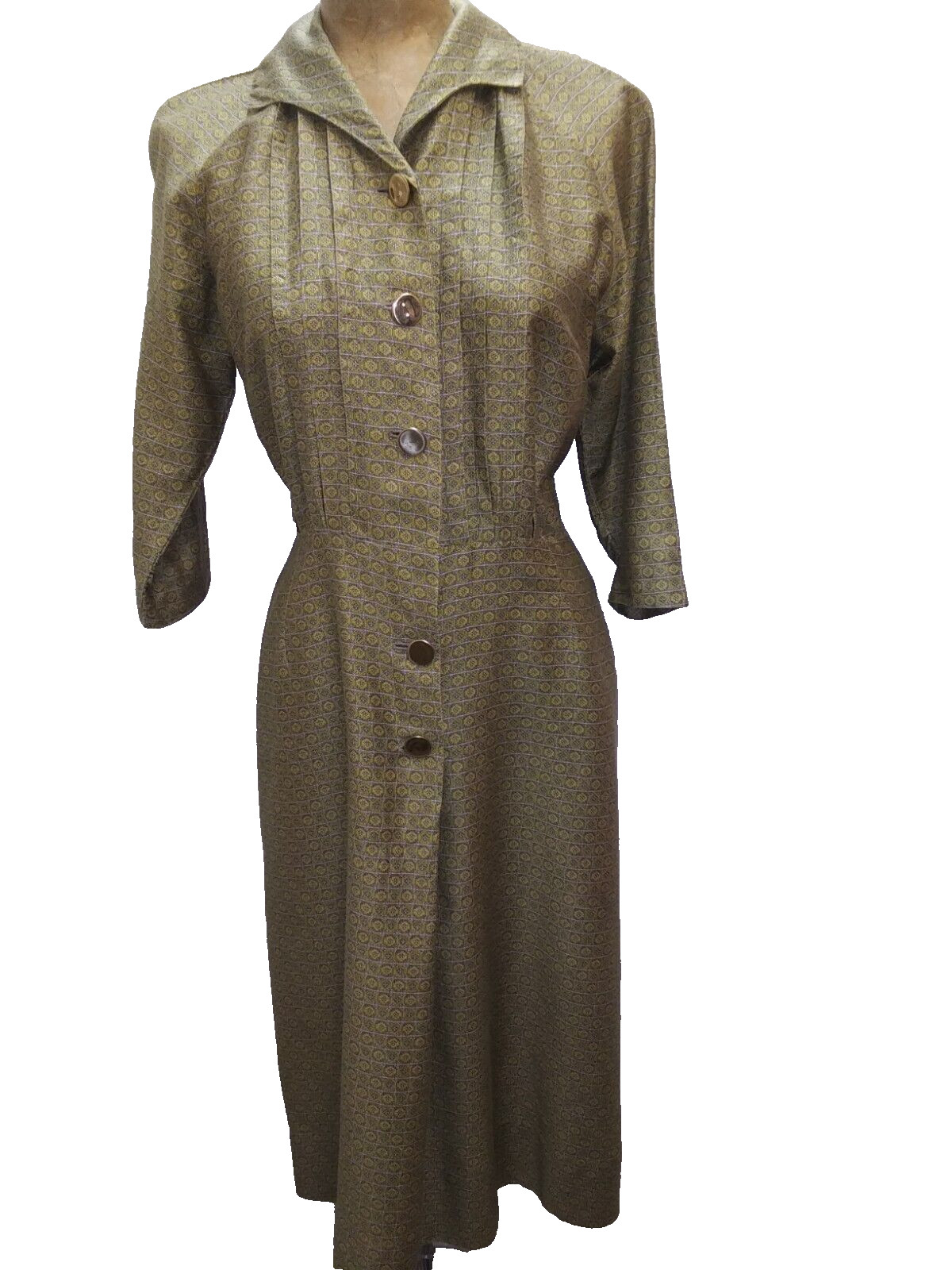 Vintage 1950’s Olive Green Dark Yellow Polished Cotton Elegant Dress Medium