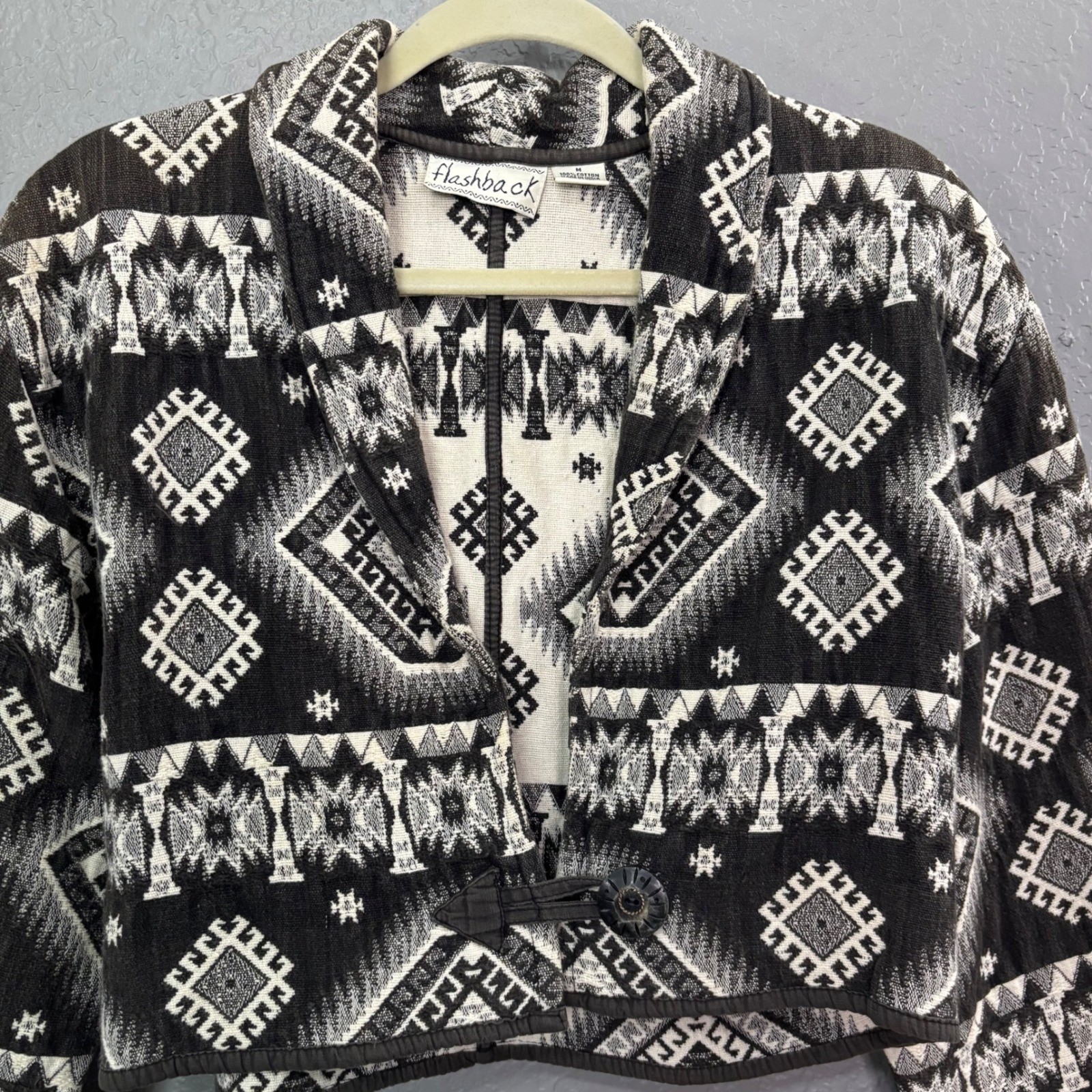Flashback Vintage Southwestern Tribal Cropped Jacket Black White Cotton Medium