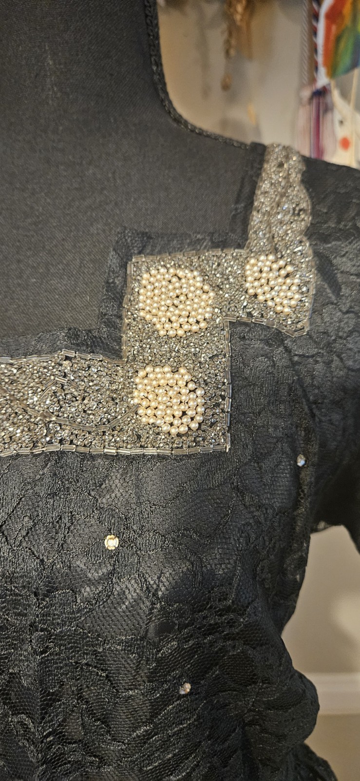 Vintage 1940s Black Lace Party Dress With Heavy Beading On Neckline