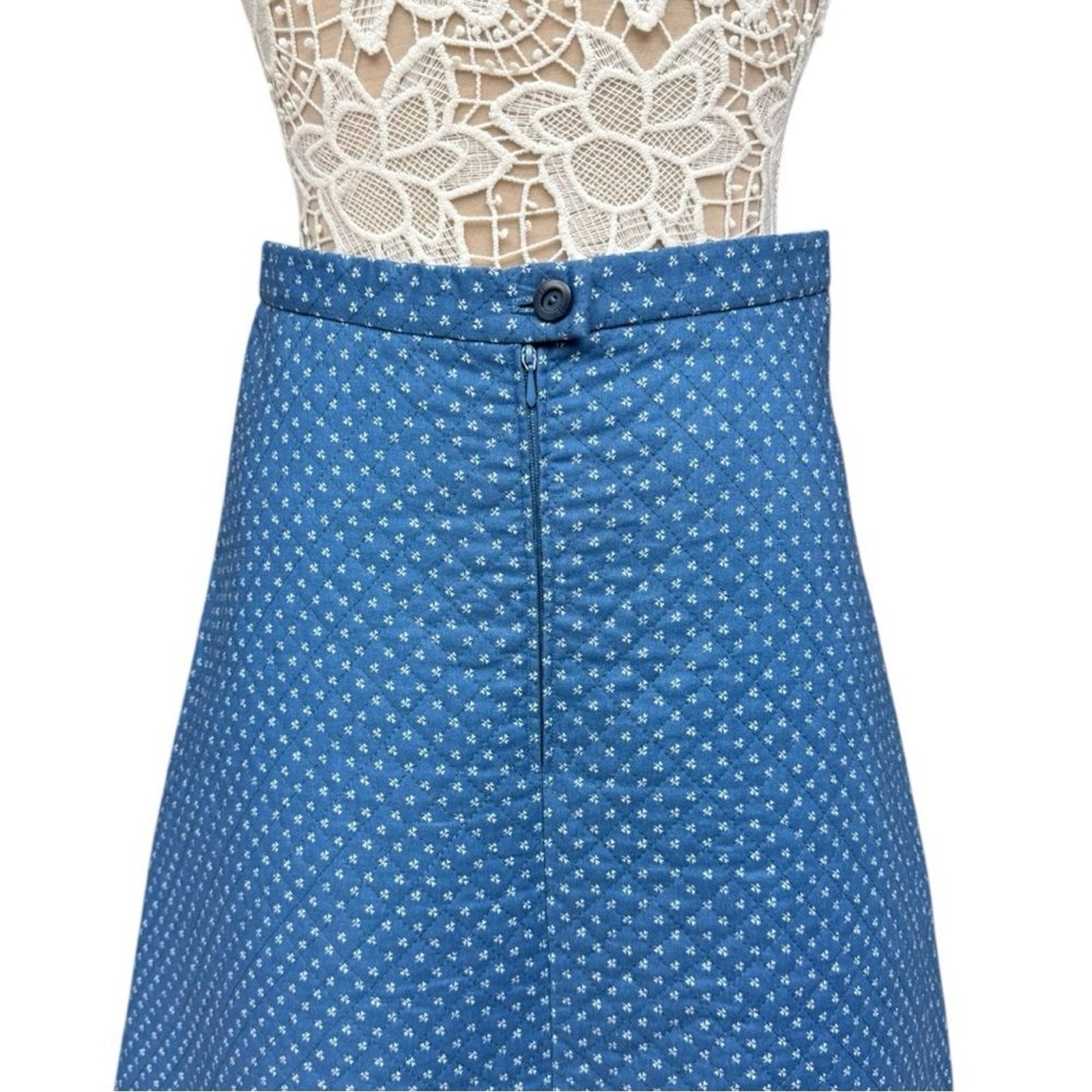 Vintage 70s Blue Quilted A-Line Skirt Handmade Medium fit Polka Dot Cute Retro