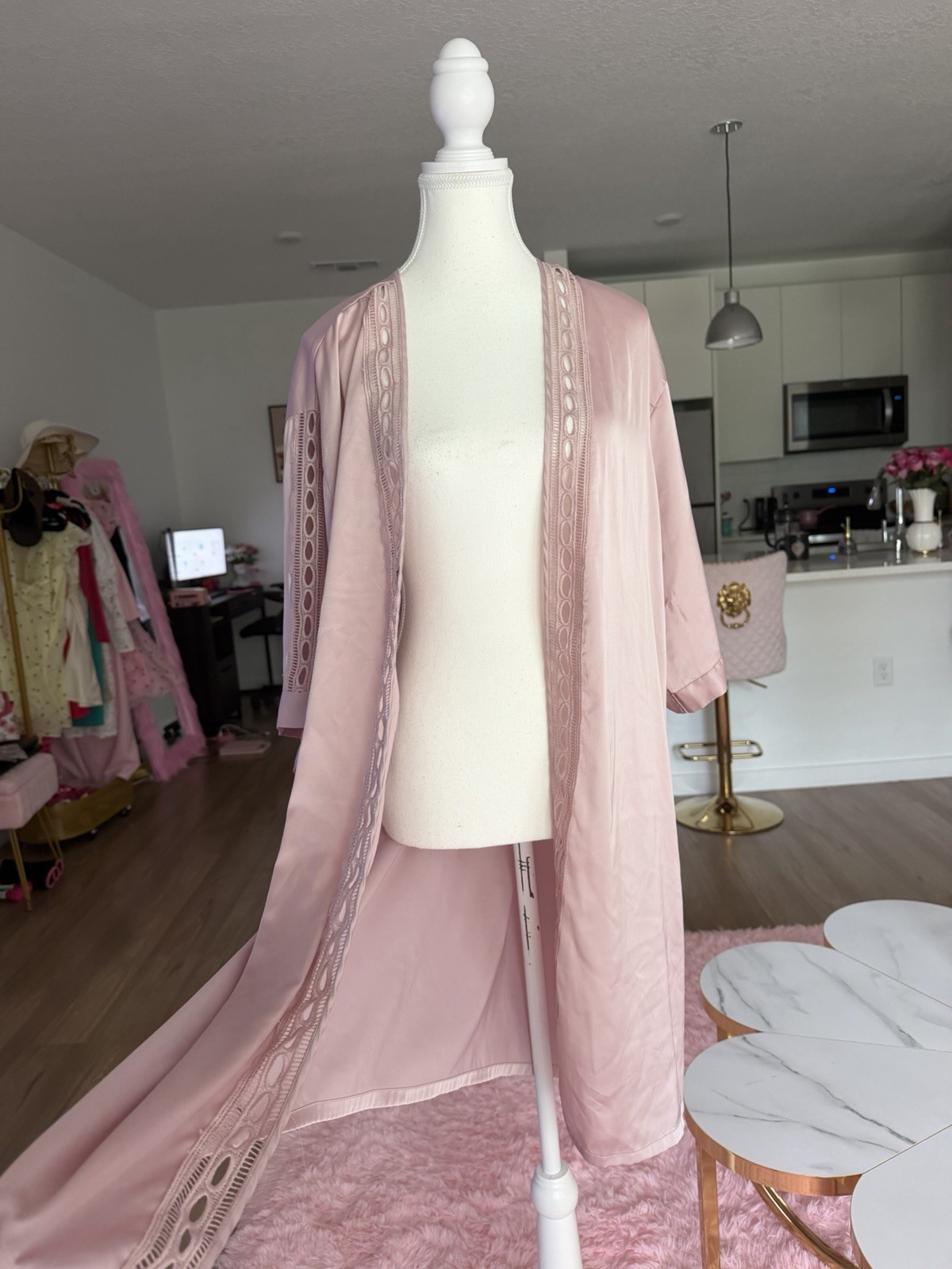 Vintage Pink satin robe with lace trim and diamond-shaped lace panel on the back