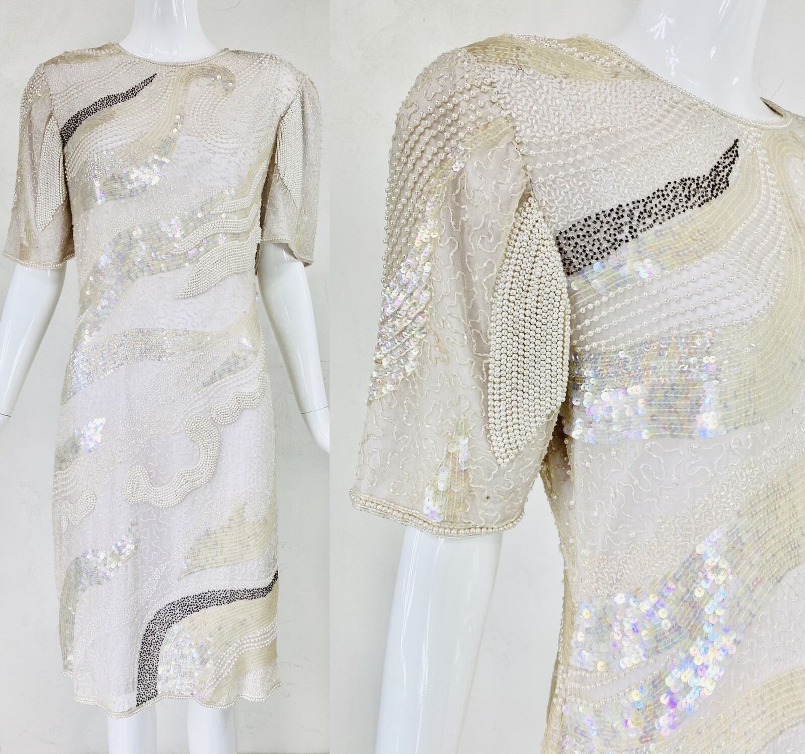 Vtg MODI Off White Champagne Silk Bead Sequin Evening Cocktail Wedding Dress, S