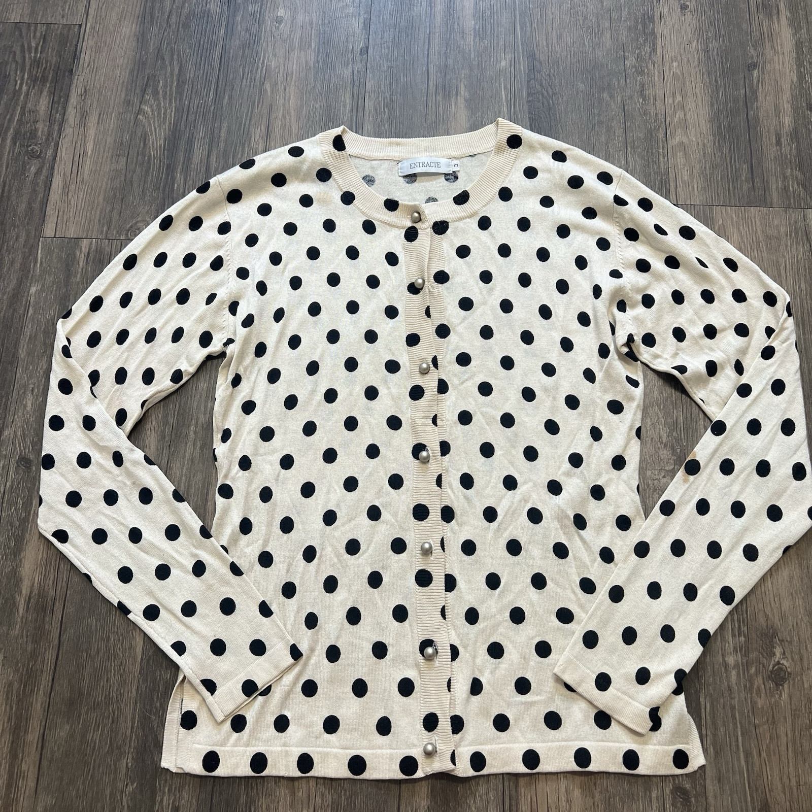 Entracte Vtg Silk Cashmere Polka Dot Crewneck FittedButton Up Knit Cardigan M