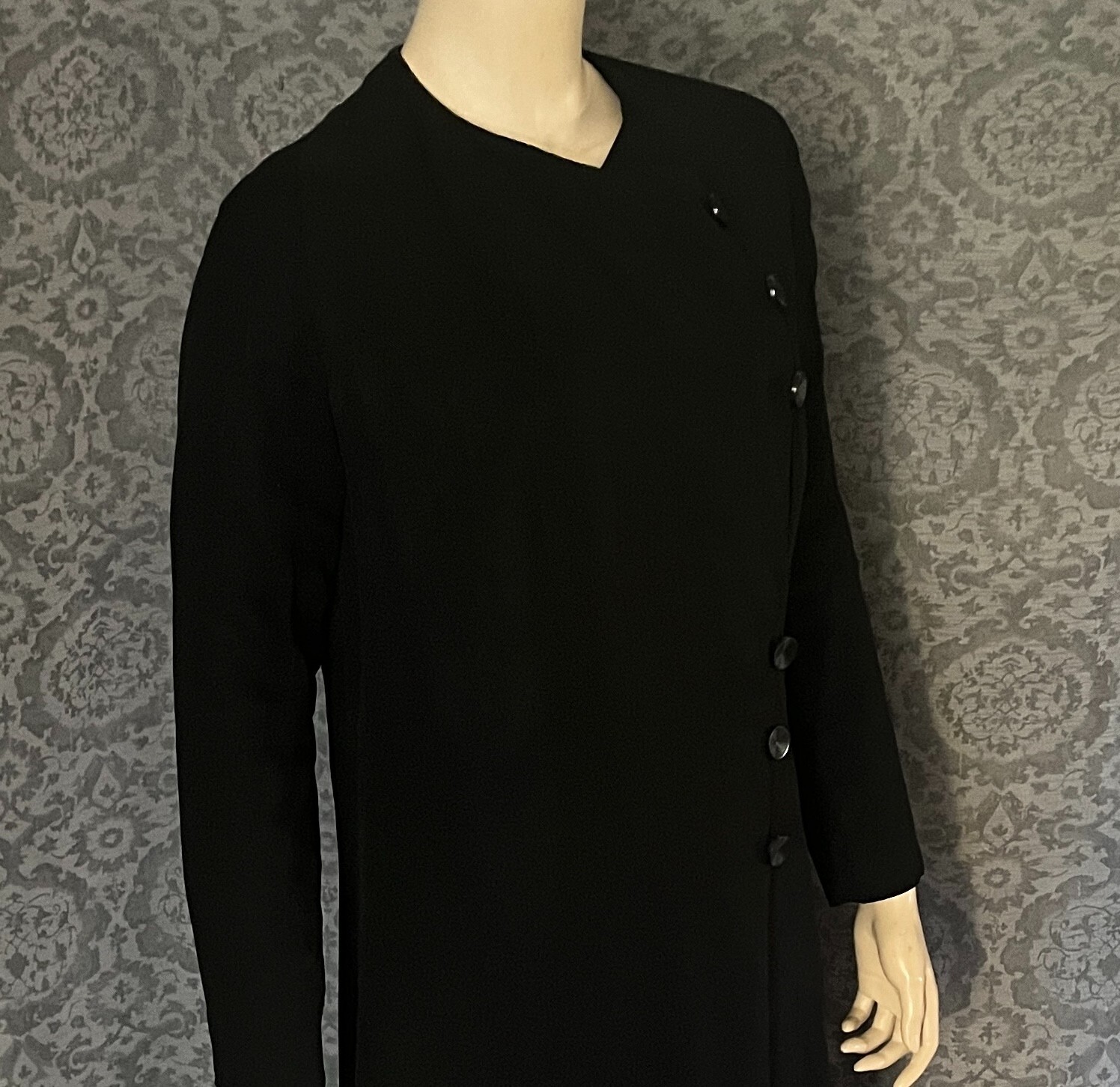 Elegant Inky Black 1920s Silk Occasion Coat, Inner Pocket, Raglan Sleeves, P-S