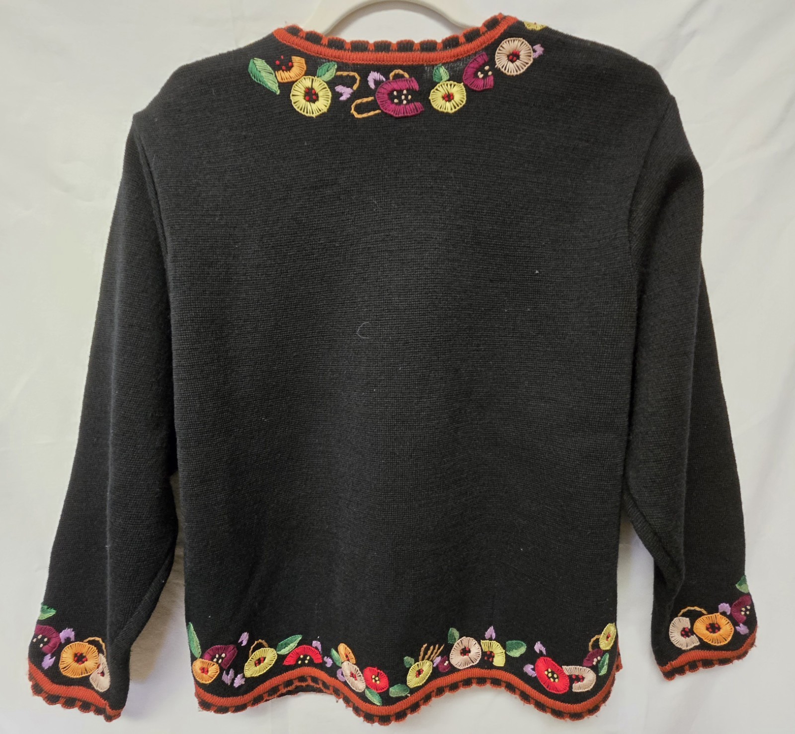Vintage Floral Hand Embroidered Wool Blend Cardigan Sweater Boho Granny Core L