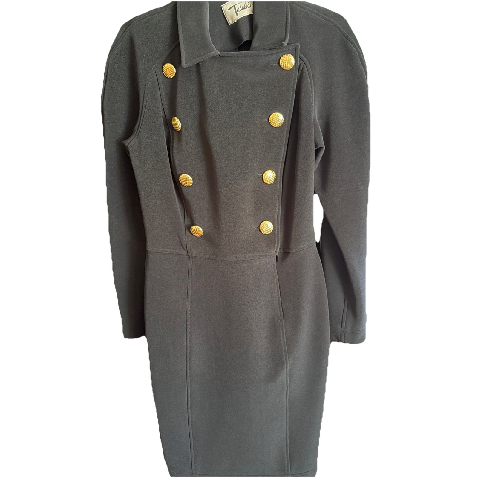 Vtg Tadashi Black Military Style Dress Gold Buttons Career Power 80’s Belt M