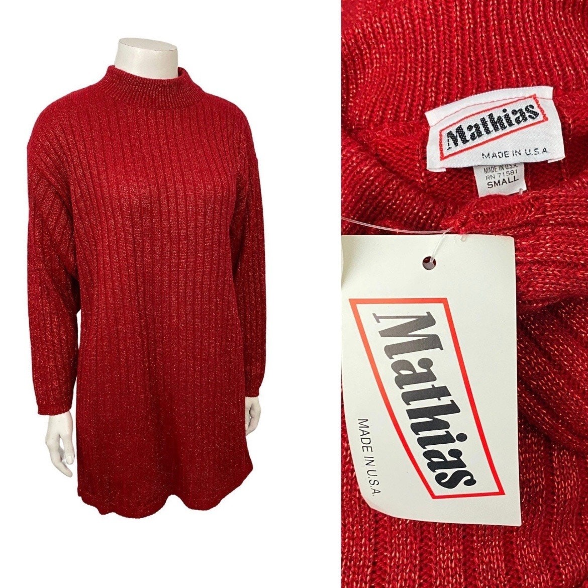 Deadstock Vintage Red Metallic Long Tunic Sweater / Oversized Small ^