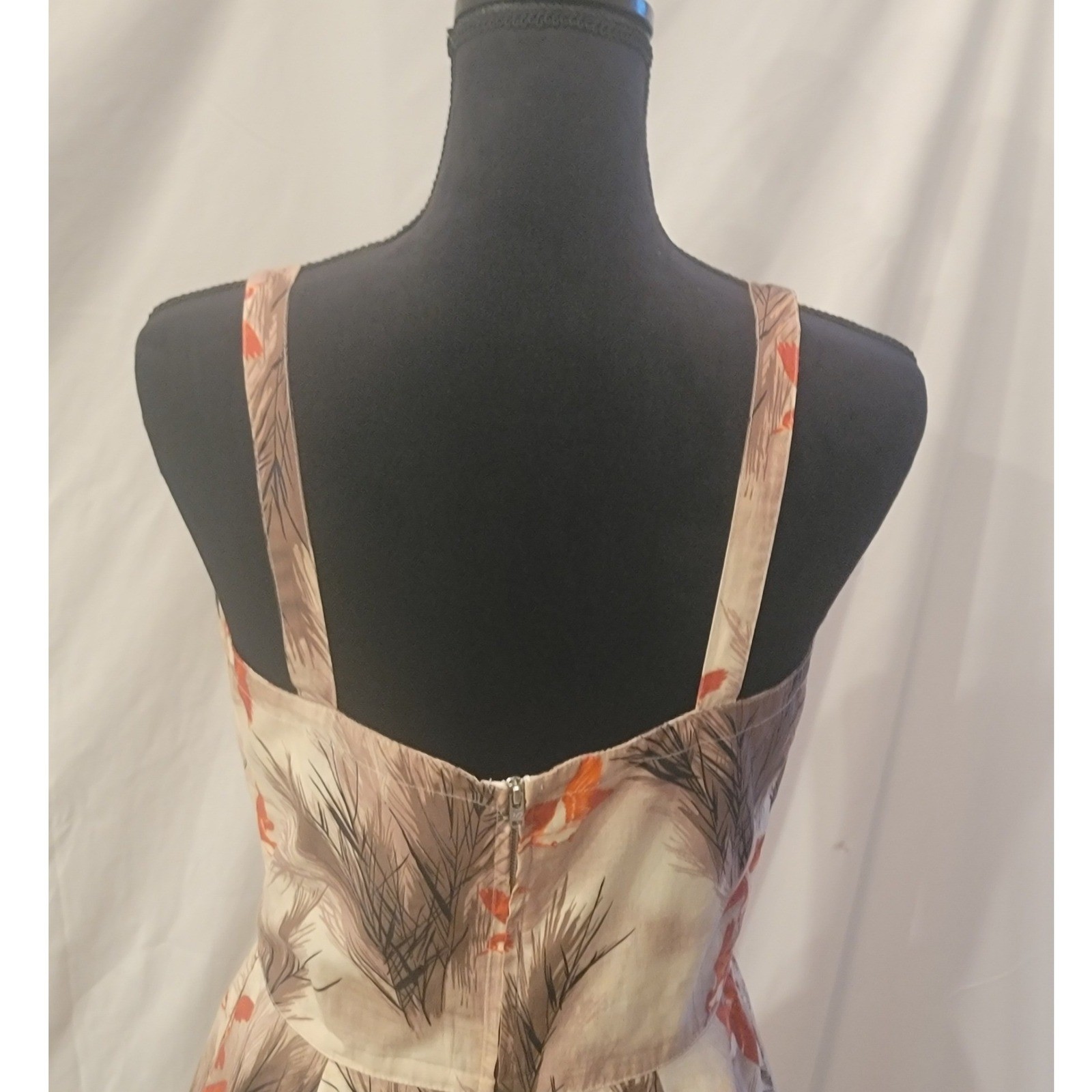 Bernie Dexter Bird Pine Print Cotton Fit Flare Dress Cream Orange Rockabilly M