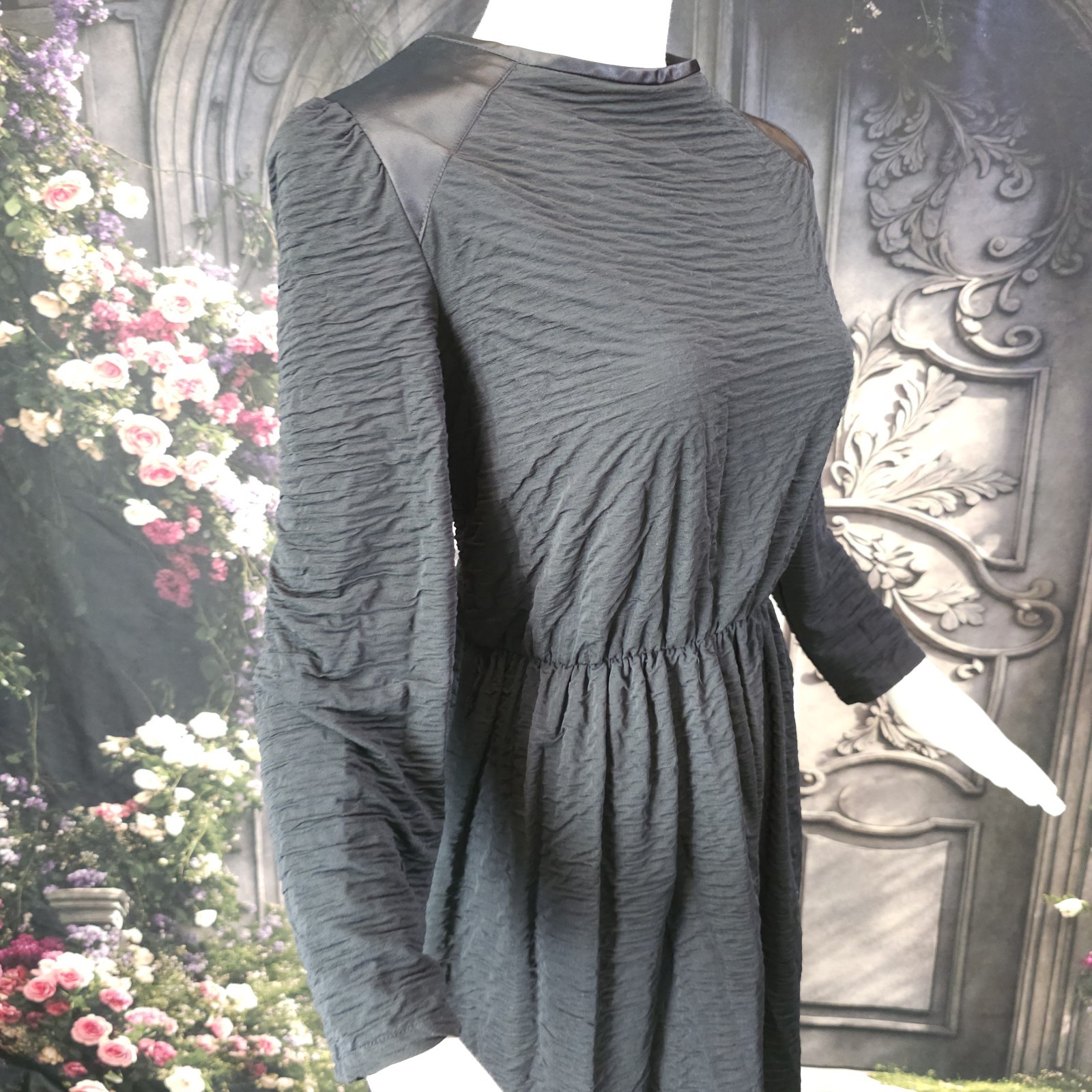 Vintage 1970s Black Dress Textured Fabric Satin Shoulders Long Sleeves