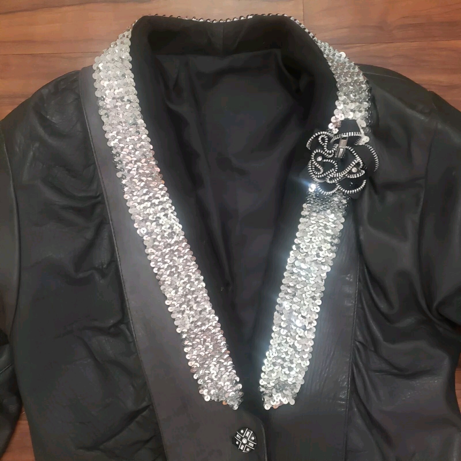 Vtg 80s Sz L black Leather Jacket sequins collar puff sleeves Glam Mobwife