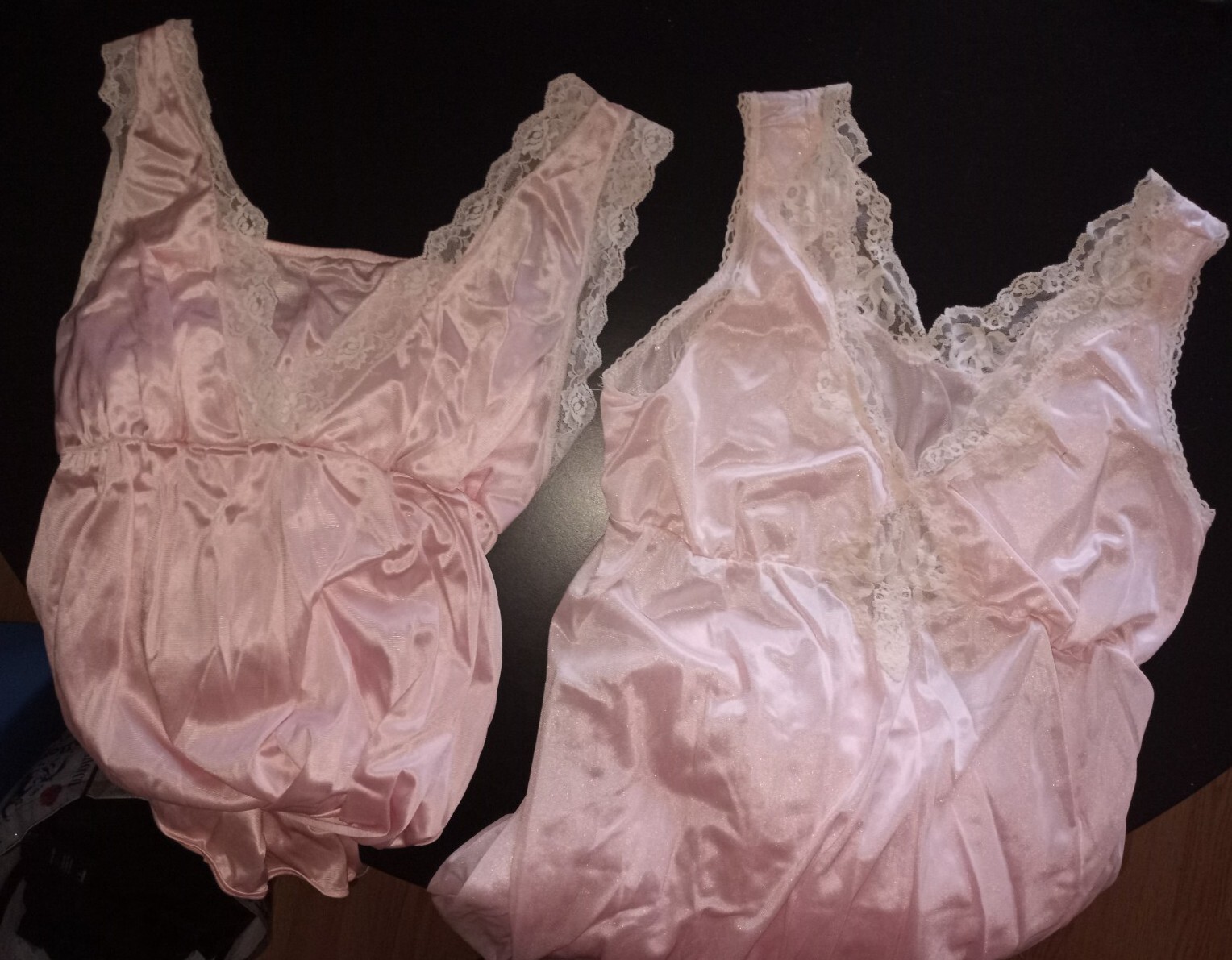 2 Vintage FANCY ME Sz S Pink Nylon Sheer Cream Lace Long Nightgown Slip Dress