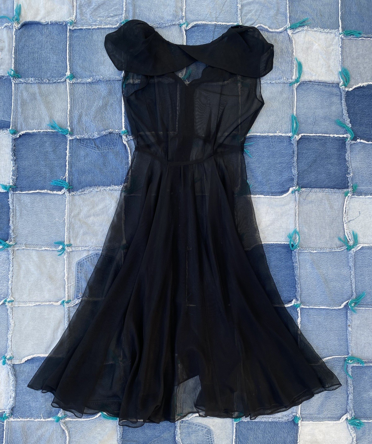 30s/40s Sheer Black Evening Dress 28W Capelet Sleeves Full Button Front Vintage