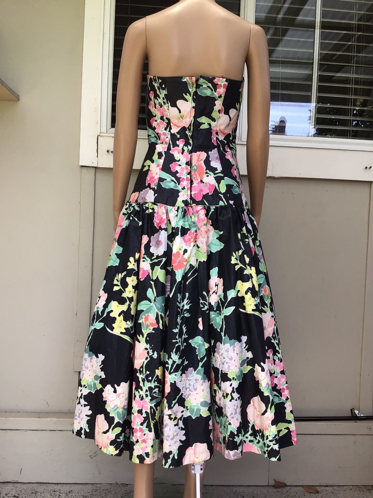 Vtg 80s S G Gilbert Black Floral Chintz Drop Waist Sleeveless Party Dress 8