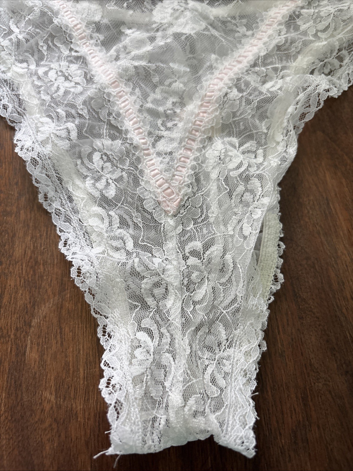 Vintage E. Bole White Lace High Cut Teddy Sheer Lace Pink Bow Ribbon Lingerie M