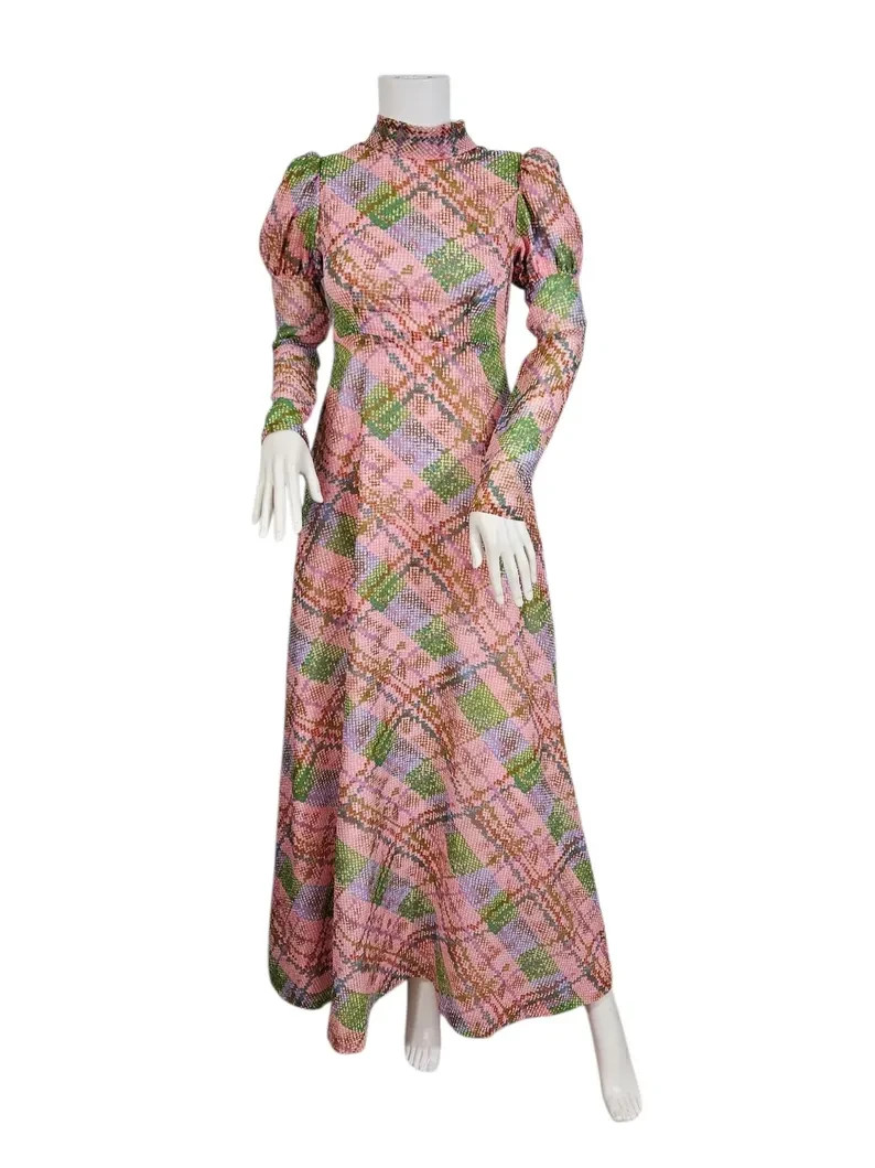 1970s Pink Green Pixelated Plaid Nylon Maxi Dress I Sz Sm I Leg o Mutton Sleeves