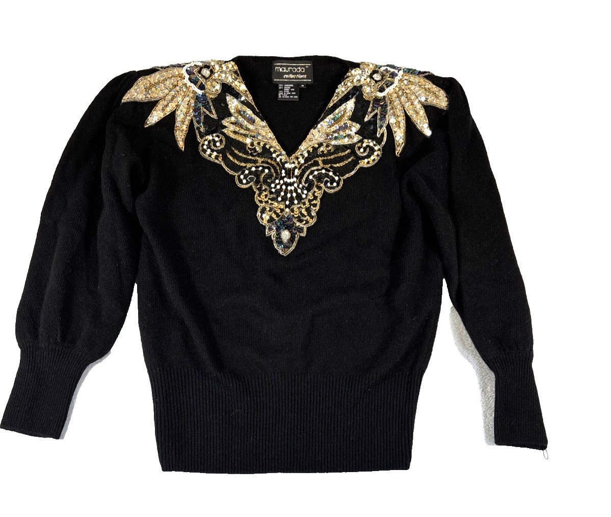 Vintage Angora Lambswool Sweater Womens M Black Gold Sequin Beaded 80s Glam