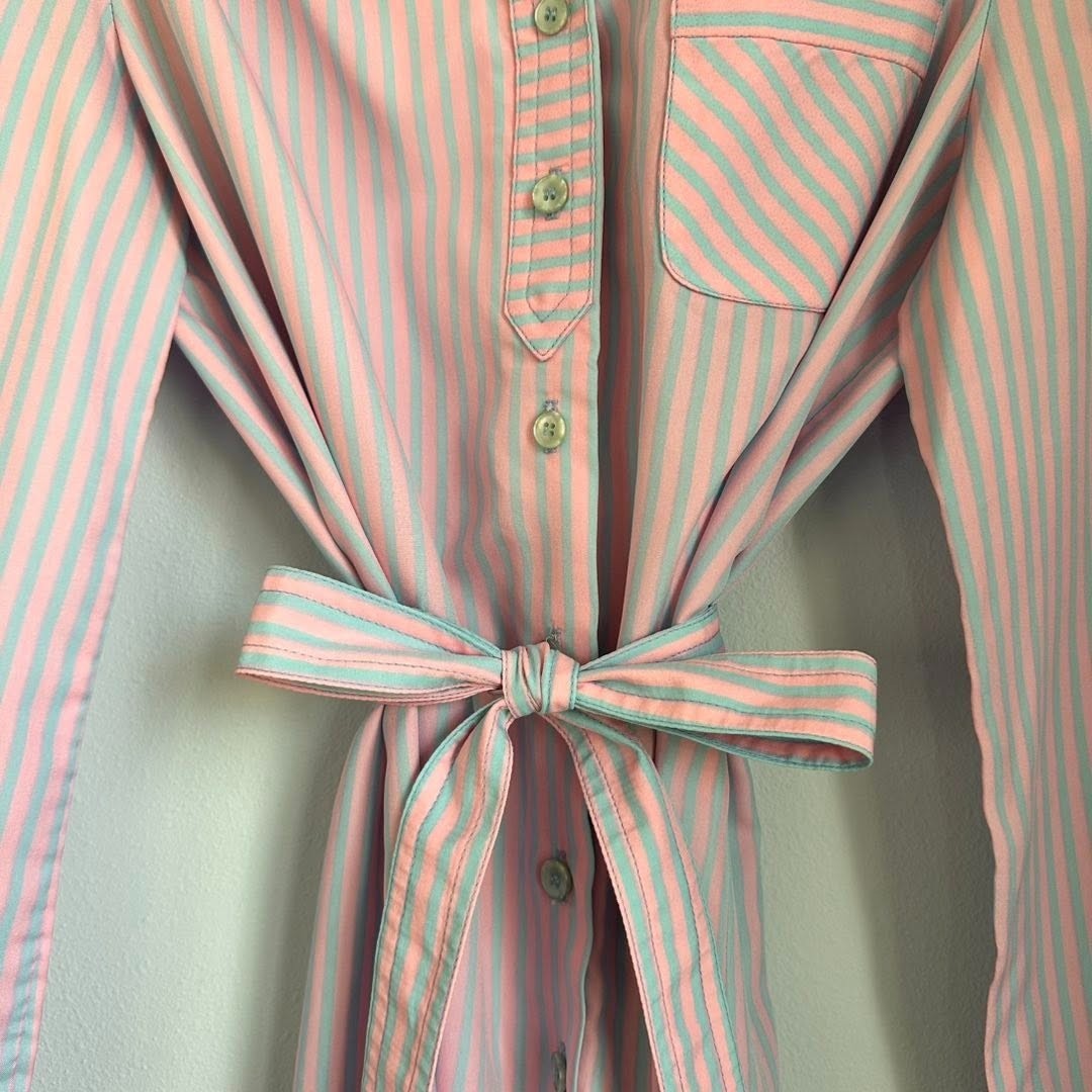 Vintage Shrader Sport Stripe Shirt Dress Pink Blue ILGWU Tie Waist S