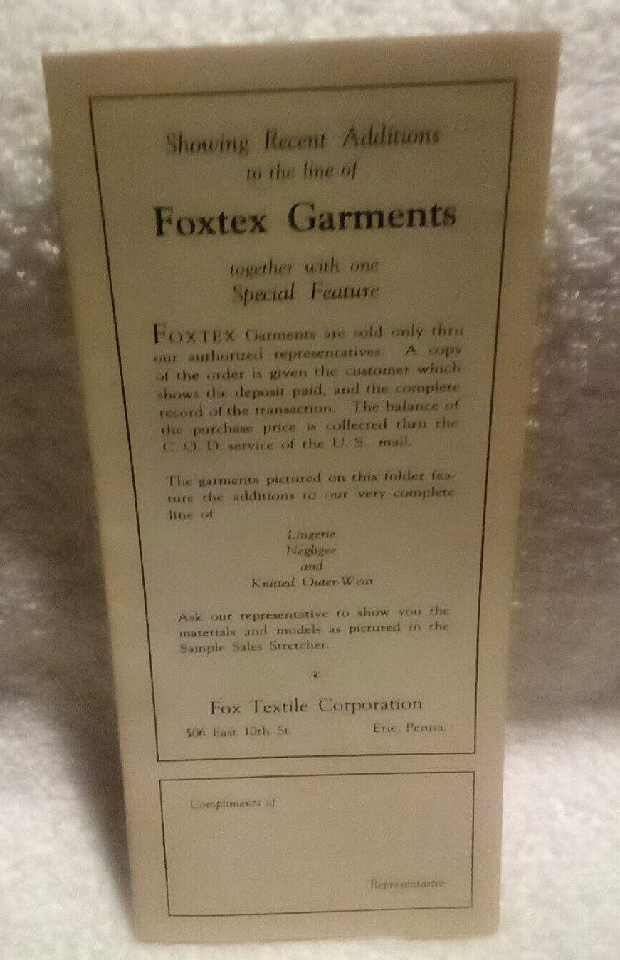 Fox Textile Corp Vtg 1920s Advertising Sales Brochure Foxtex Garments Flappers