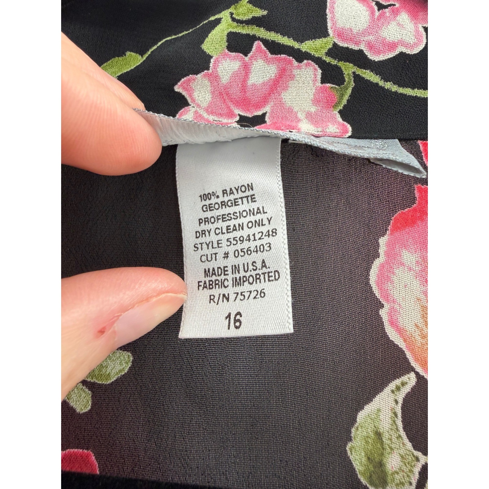 Carol Anderson Floral Blouse Women 16 Black Pink Rose Sheer Rayon Cottagecore