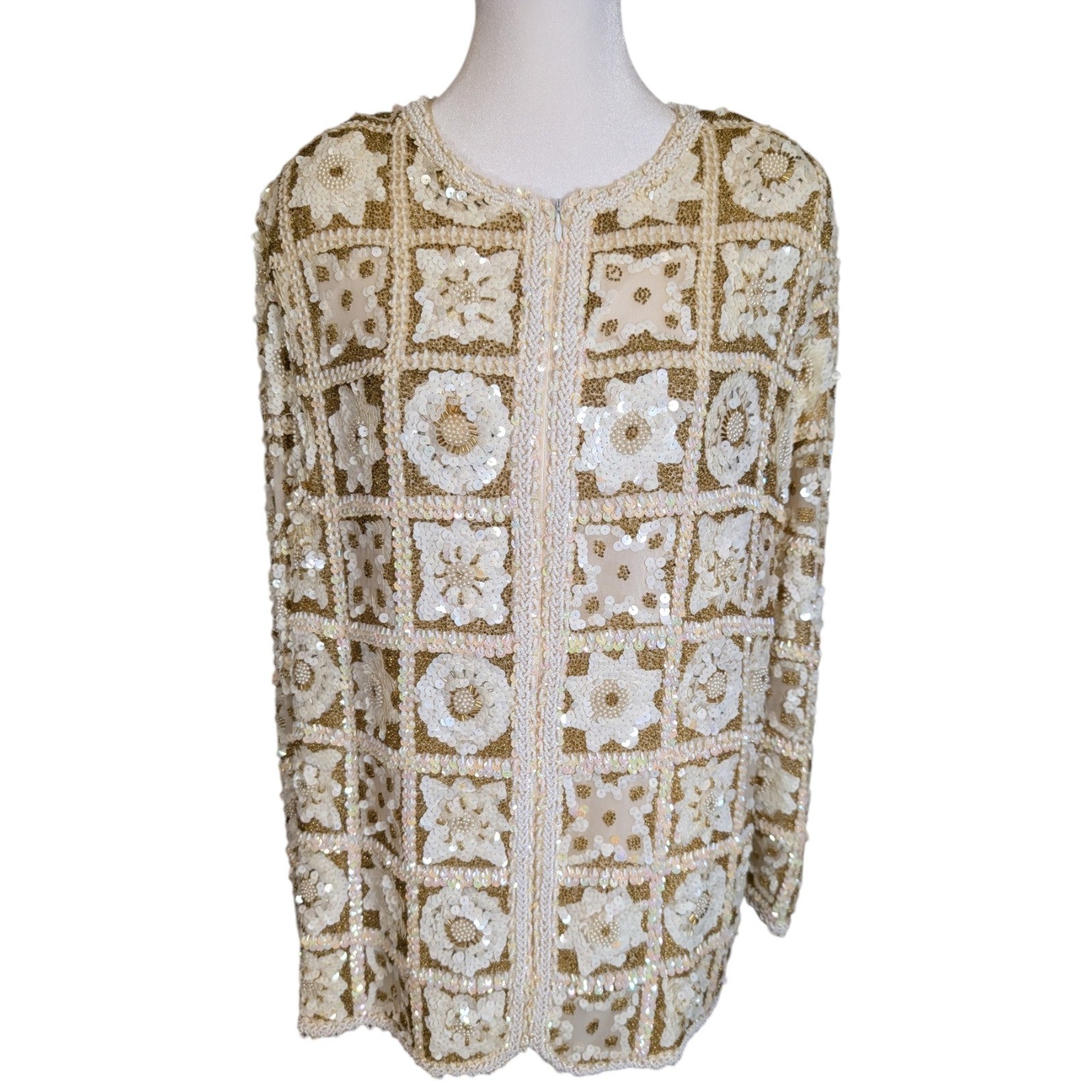 Galleria International Vintage Silk Beaded Sequin Jacket Gold Cream Floral Sz 14