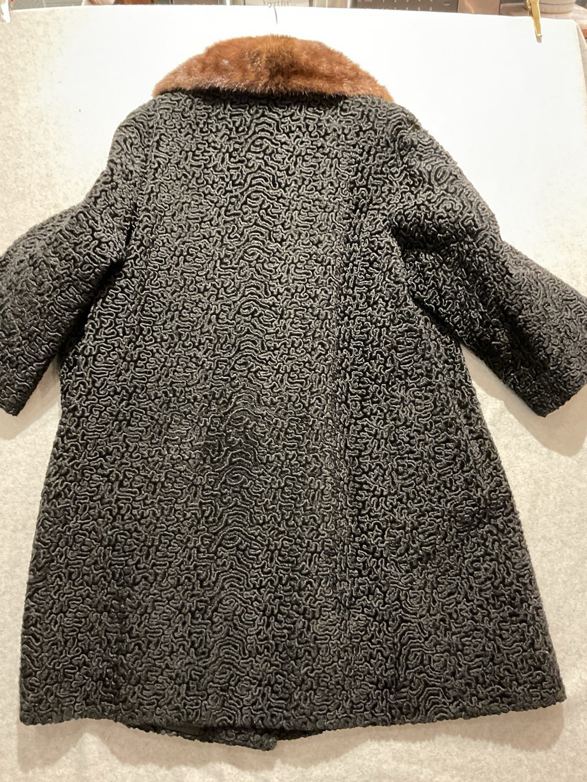 Vtg 60s Astrakin Black Curly Persian Lamb Wool Swing Coat Mink Collar France L