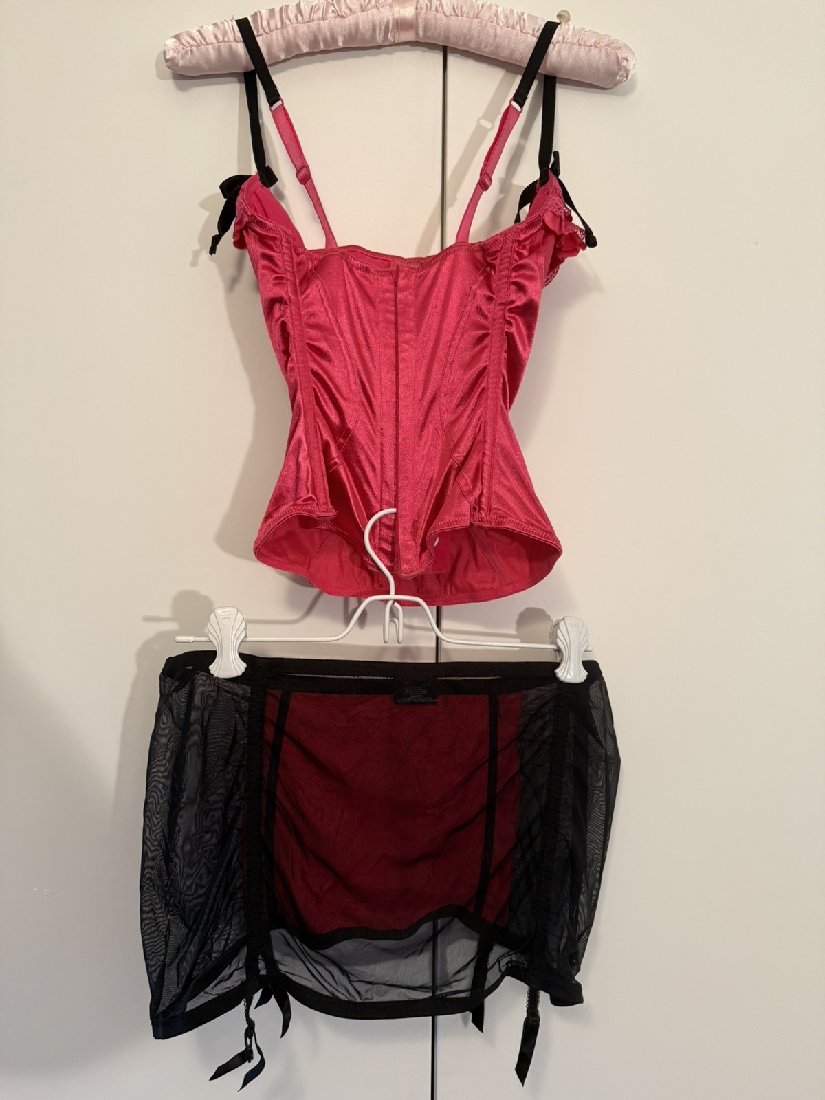 Vntg Victoria Secret “Sexy Little Things” Lingerie Set M/L 34B Pink&Black Satin