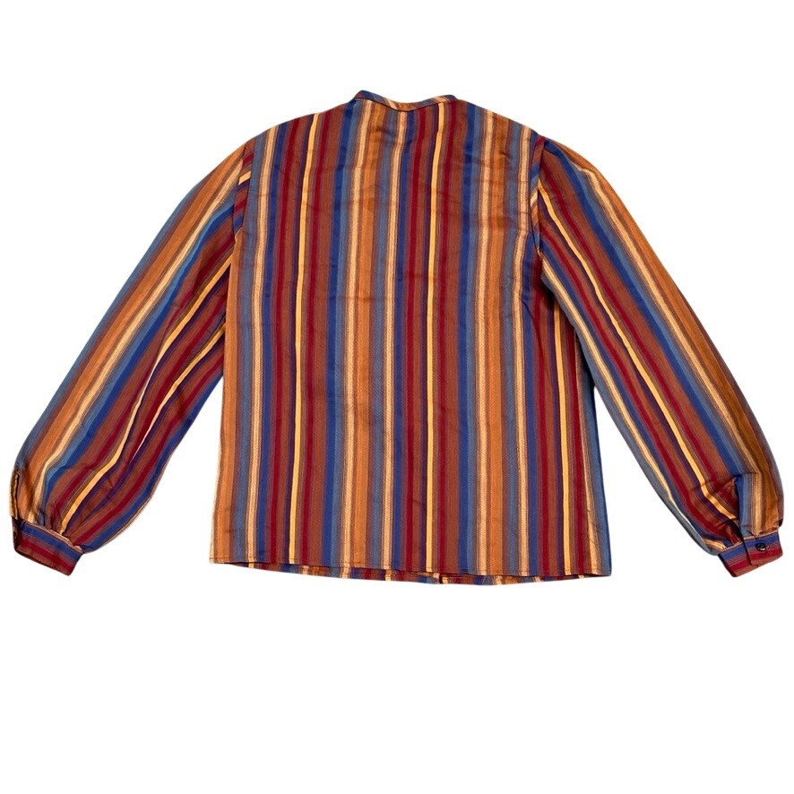 John Weitz Vintage 80s Blouse Band Collar Striped Multi-Color Long Sleeve Size 8
