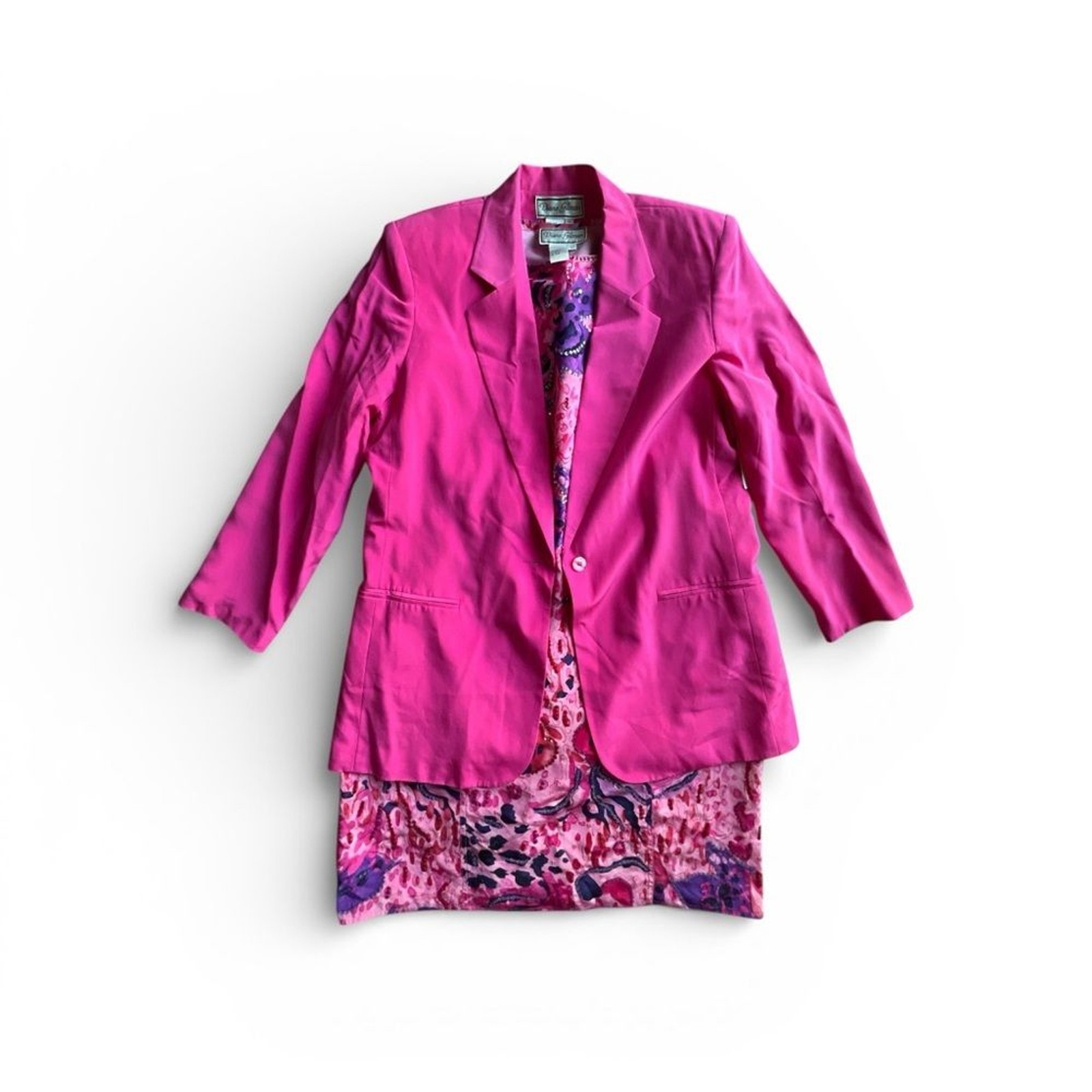 Diane Gilman Vibrant Pink floral sequined dress & Blazer 100% silk set Sz L