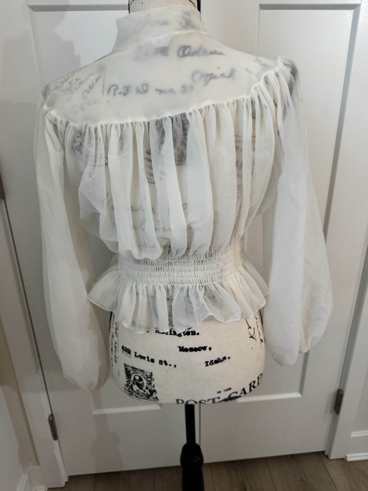 Vintage Sheer Poet Blouse Long Sleeve With Ribbon Tie & Elastic Band Size Small