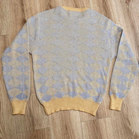 Christian Dior Vintage Diamond Knit Sweater Blue Yellow Linen Blend Large USA