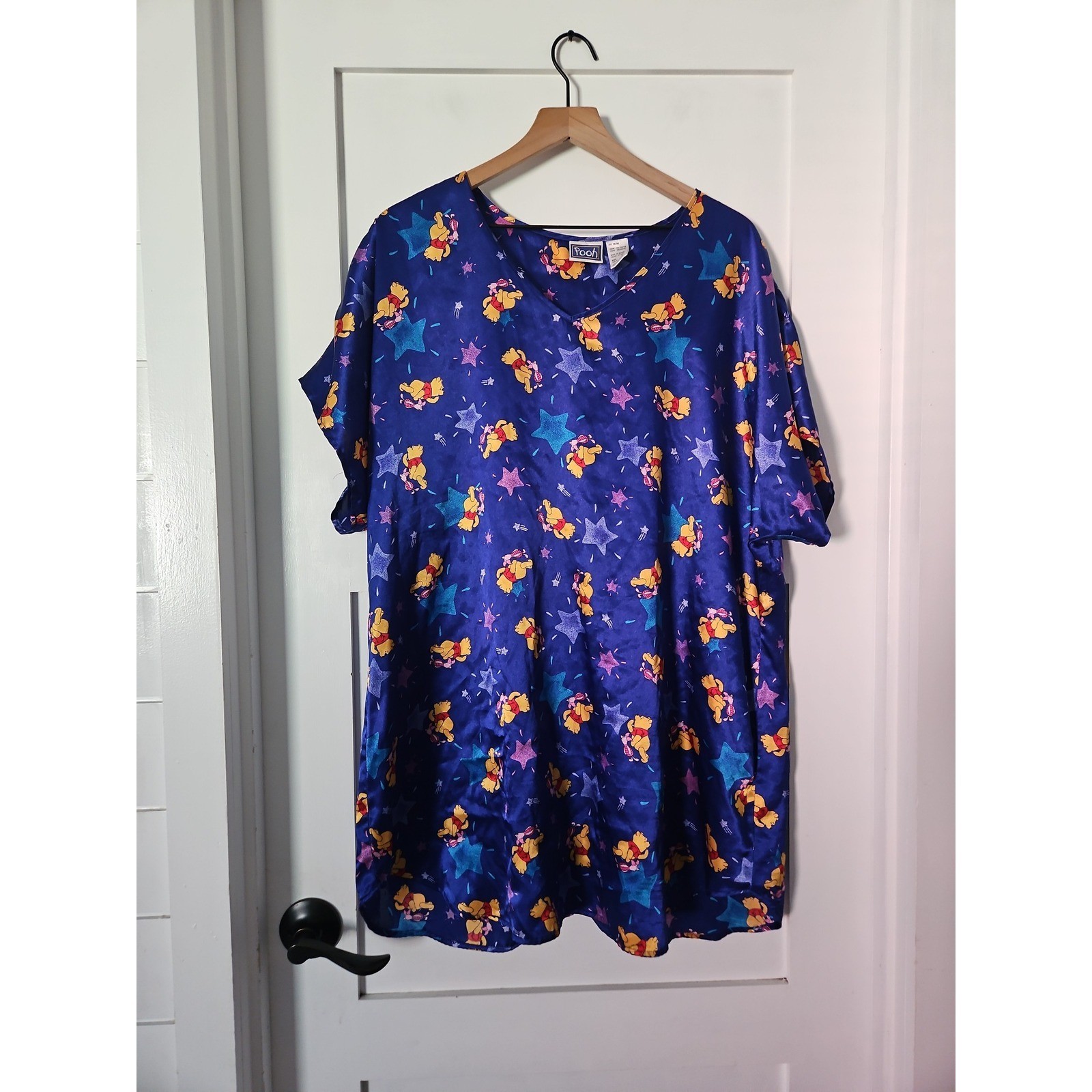 Vintage Winnie The Pooh Disney Satin Nightgown XL Blue Stars Sleepwear Dress