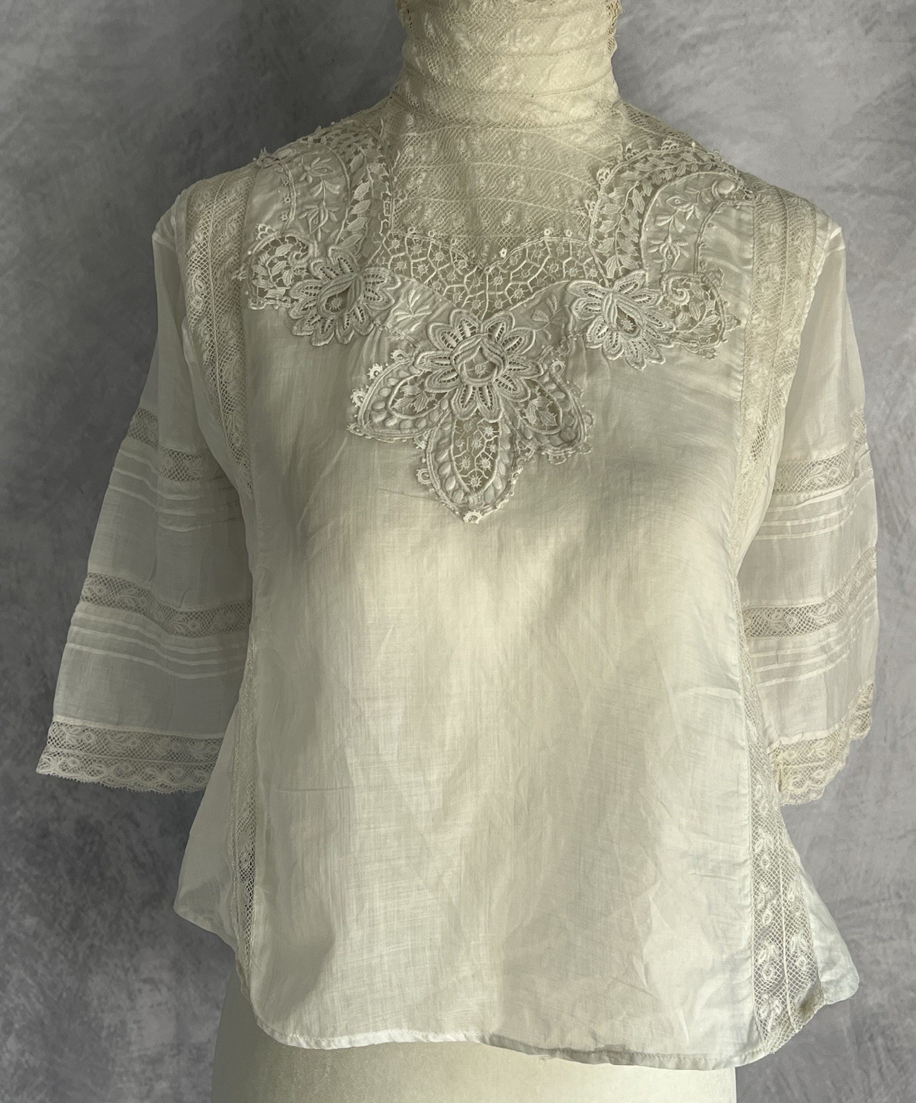 Vintage Antique c.1910 Handmade Cotton Tape & Needle Lace Blouse Standing Collar
