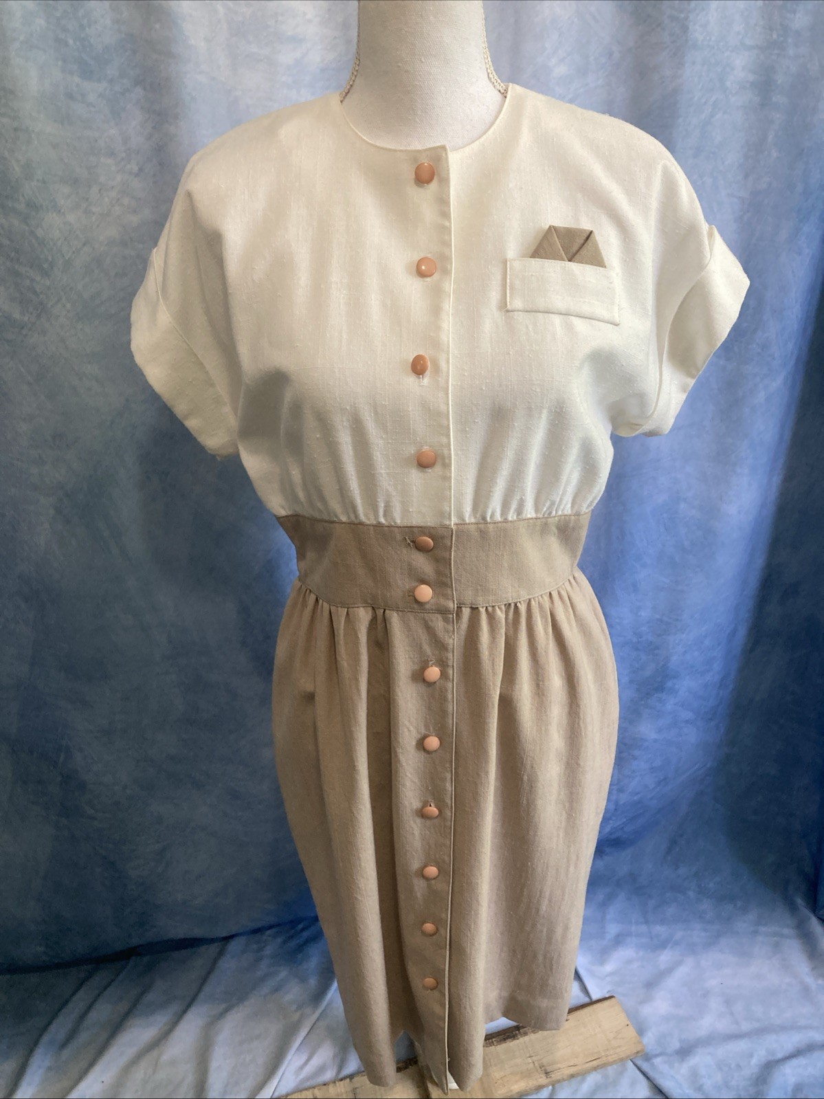 VTG 80s Does 50s Caron Petite Chicago Linen Look Dress Cream Tan Shirtdress XS
