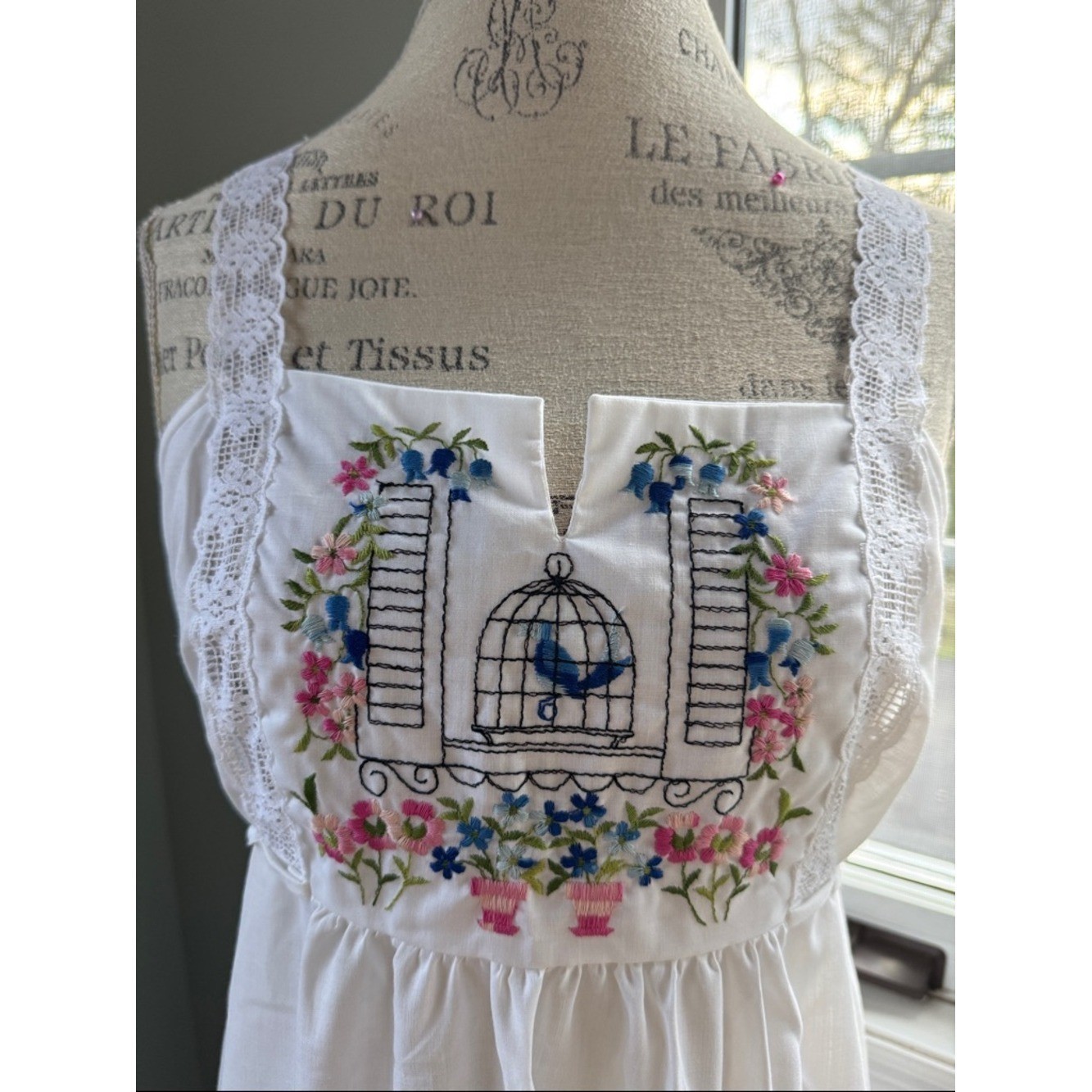 Sears Vintage embroidered bird floral cotton gown and duster set NWOT small