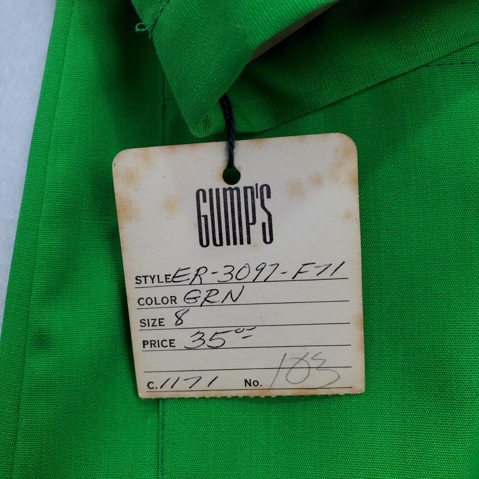 Vintage (Original Tags) GUMPS SF Lime Green Hostess Kaftan w/Frog Buttons Sz 8