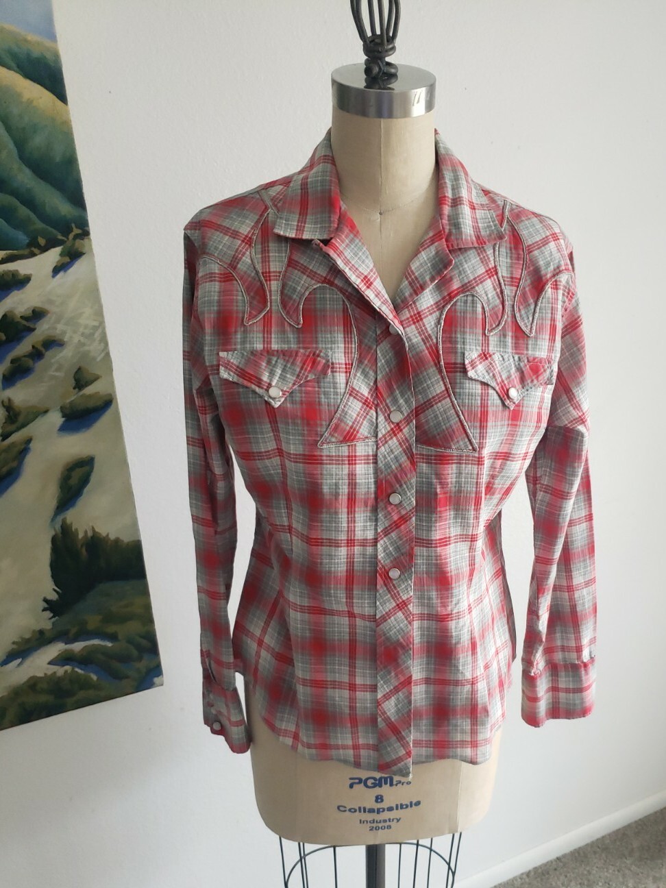 VTG H Bar C Womens Pearl Snap Western Shirt California Ranchwear 36 Silver
