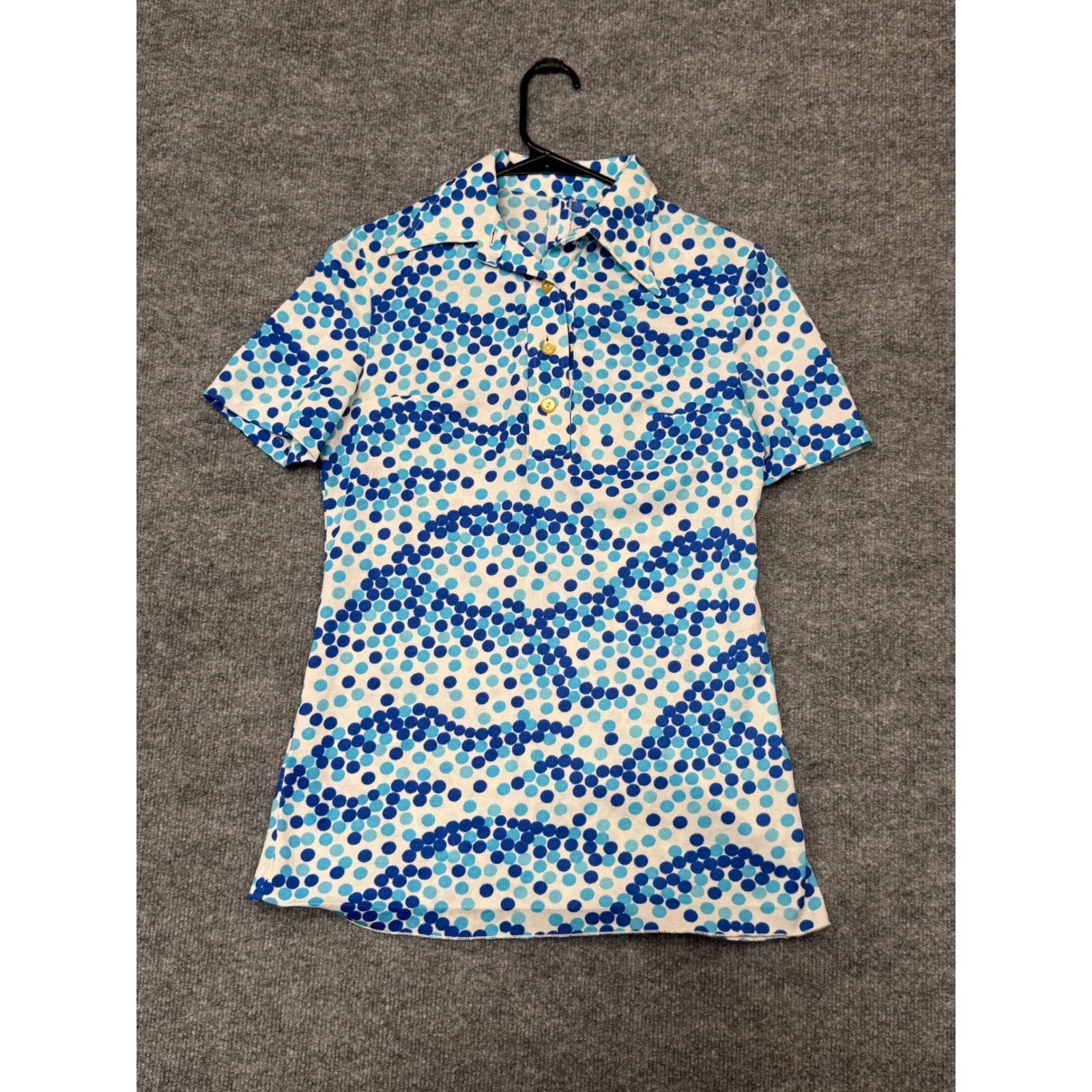 Vintage VEB Blusenfabrik Blankenstein Blue Polka Dot Polo Shirt Short Sleeve