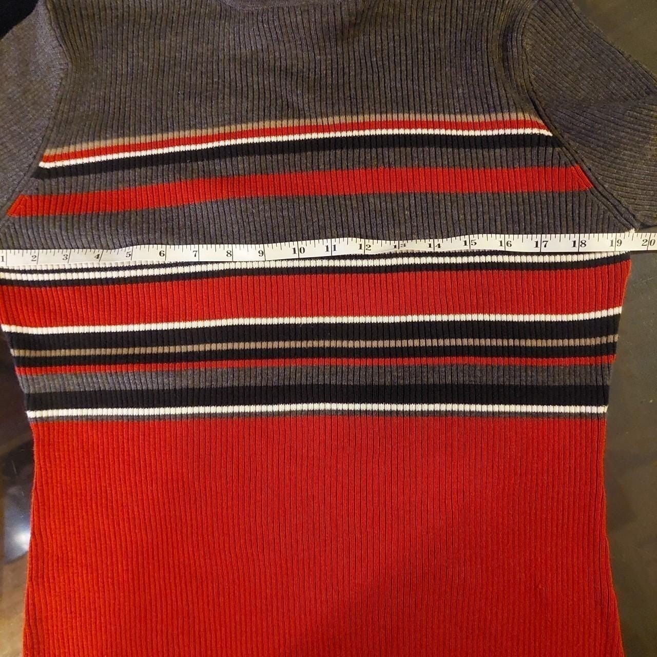 Vintage striped red, grey, and black long sleeve turtle neck sweater.
