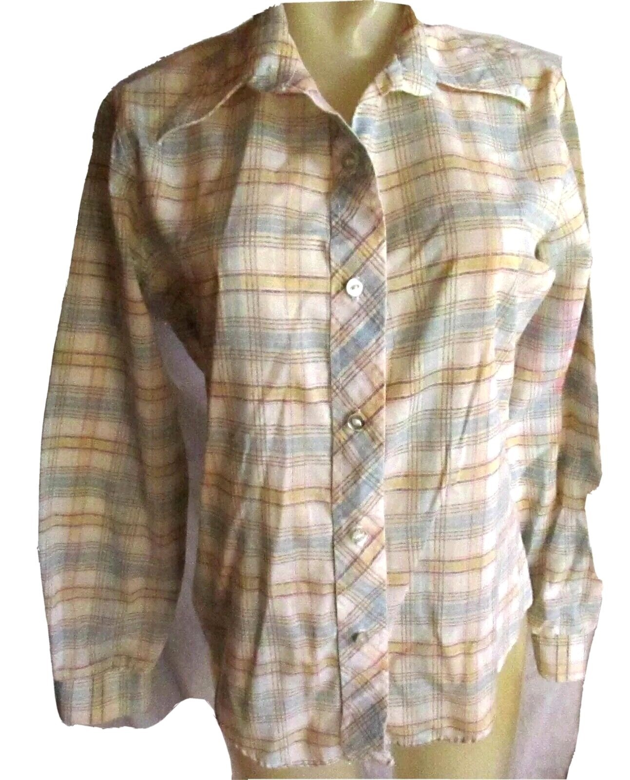 True Vintage Top Blouse Medium 70’s Carole Sue Plaid Long Sleeve Button-Up