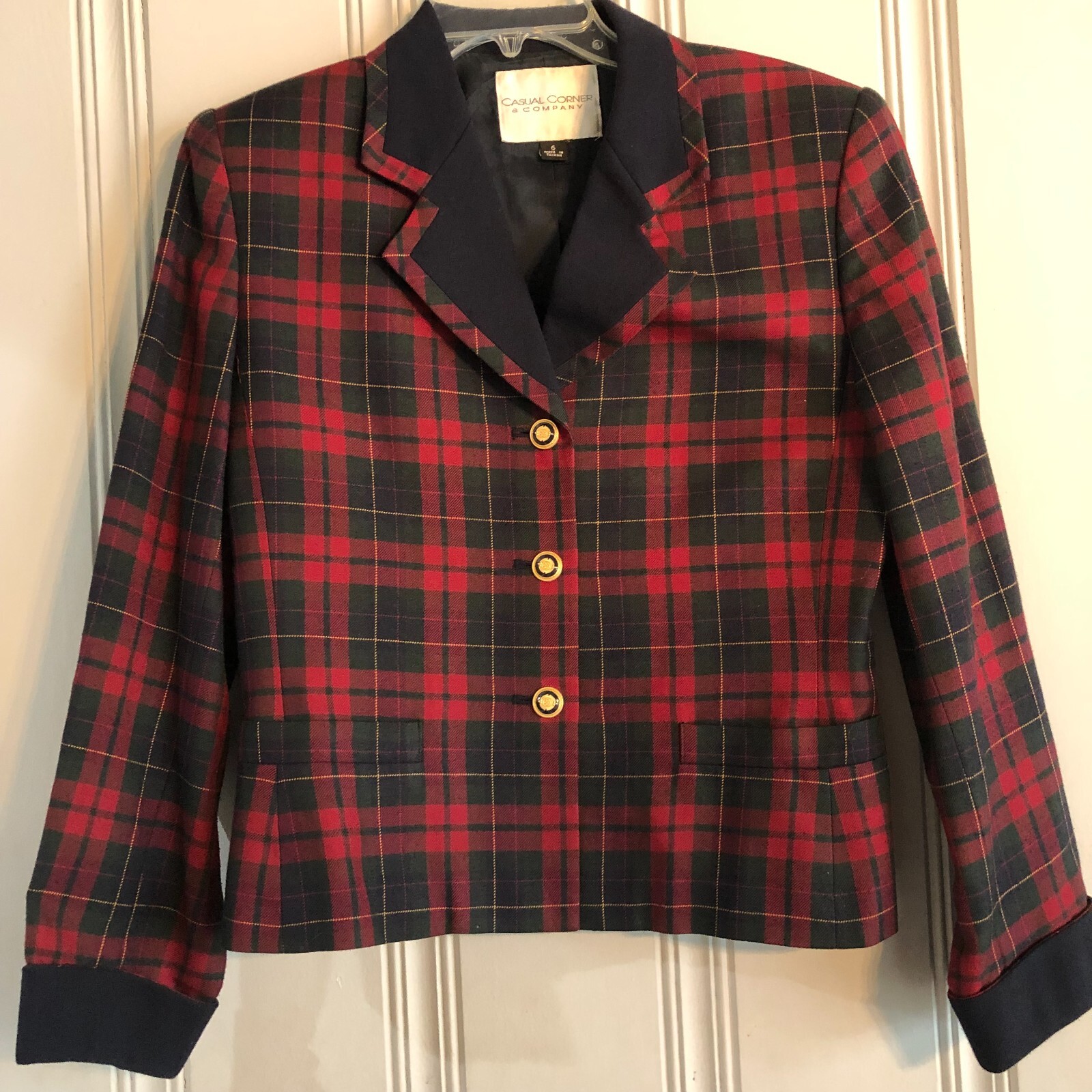 90s Corporate Chic Vtg Casual Corner Red Preppy Plaid Cropped Blazer Jacket 6