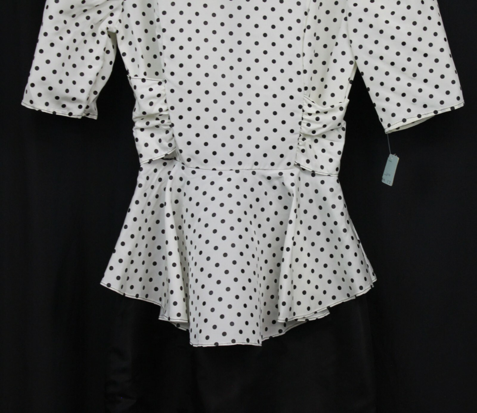 Vtg Diamond’s Run Dress 80s Retro Polka Dots Peplum Pouf Slv Black Wht NOS 11/12