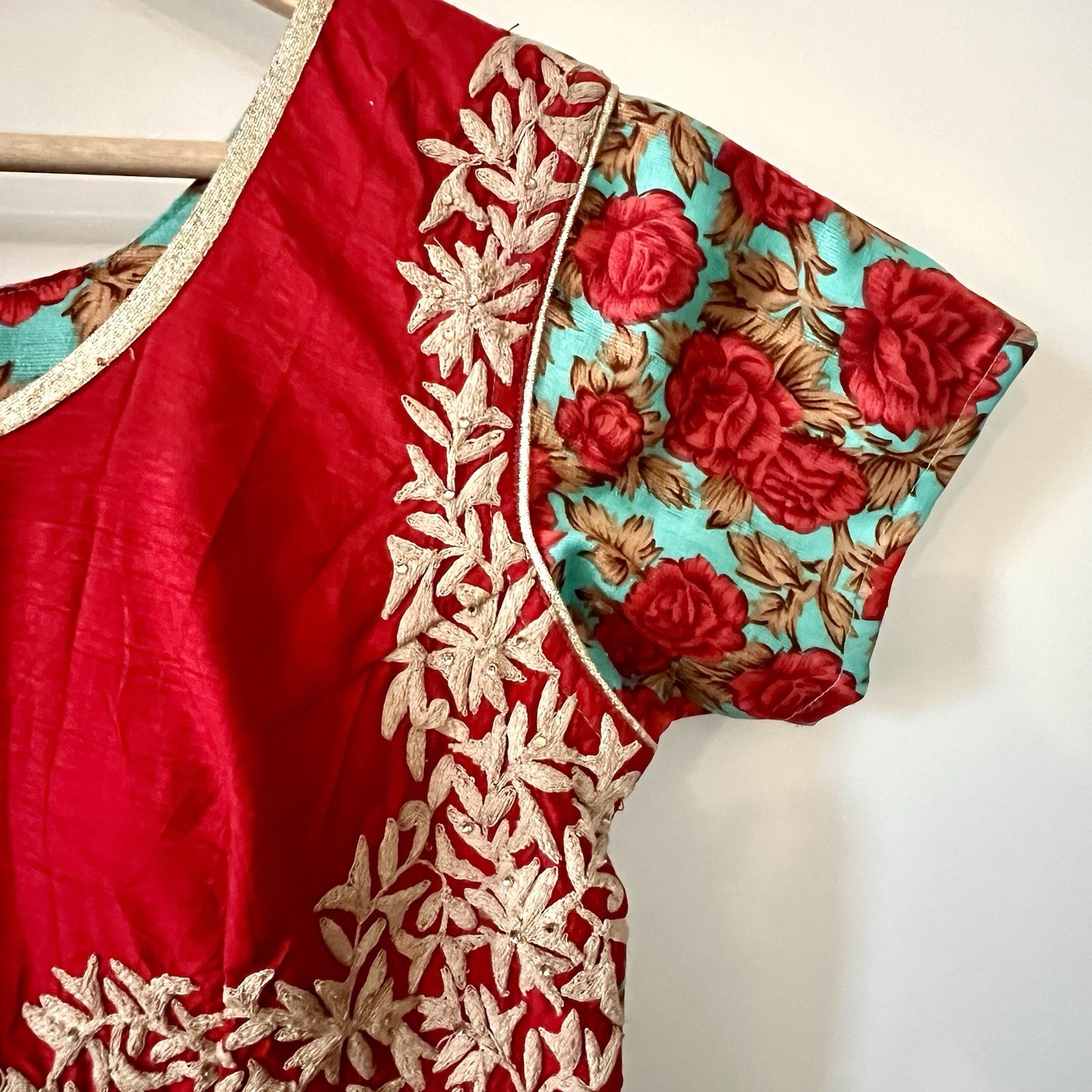 Vintage Indian Cotton Dress Artisan Floral Block Print Embroidered