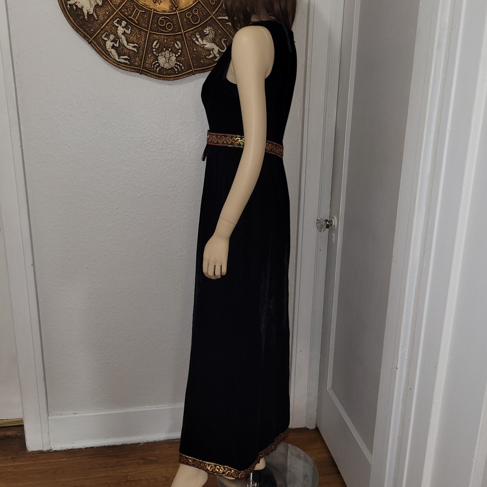 Mod Vintage Black Velvet Hostess Dress With Shorts Red & Gold Paisley Trim 1960s