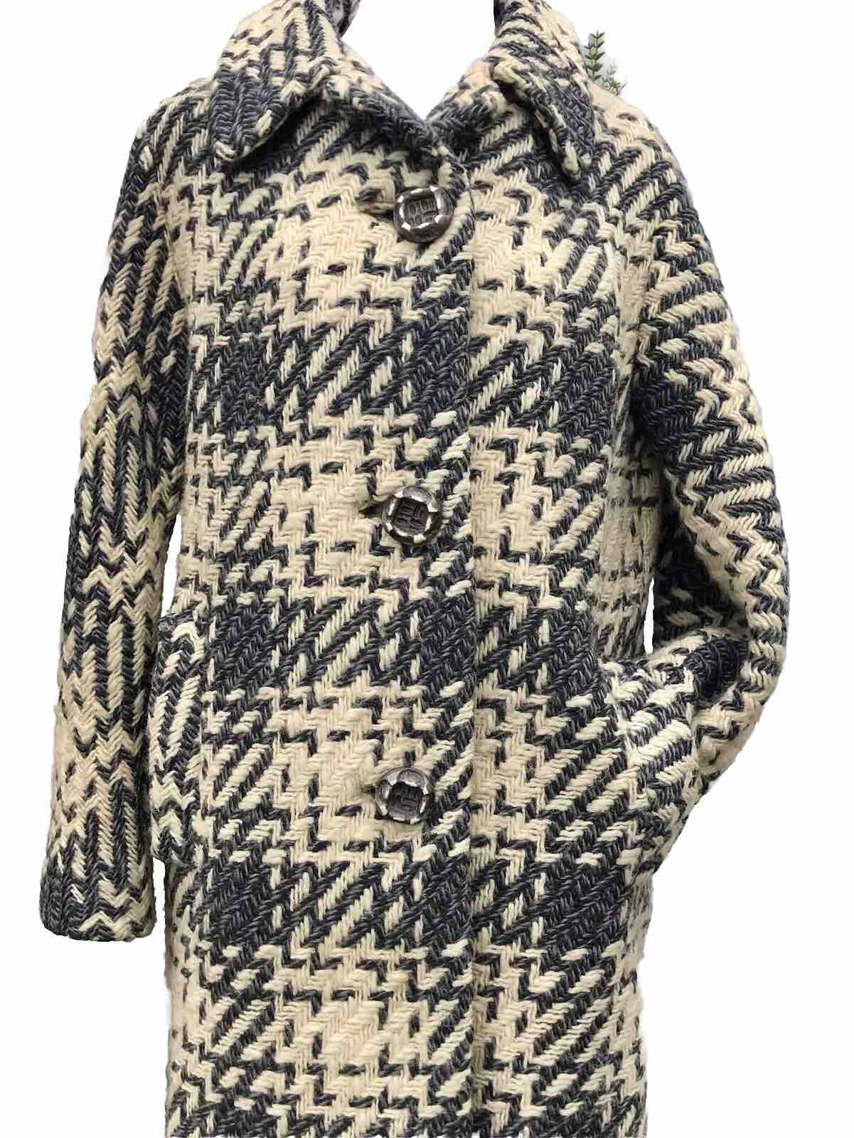 Vtg 50s 60s Woven Wool Women’s Coat Geo Southwestern M L Grey Tan Mod Retro USA
