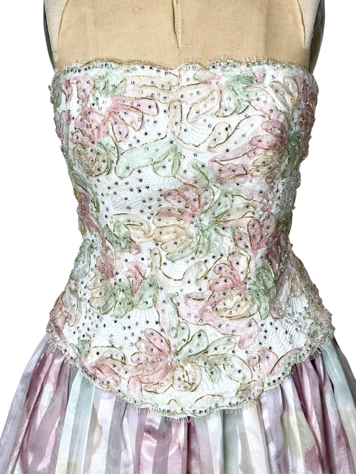 Vintage 80s Rose Taft Couture Fashions gown pastel beaded strapless with bolero
