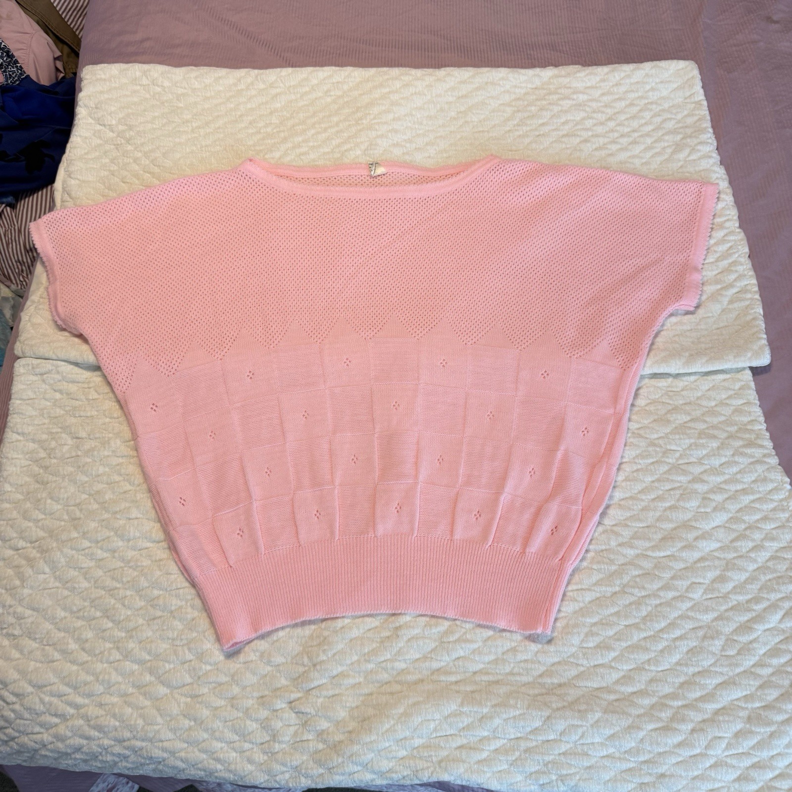 Vintage 80s Pink Lightweight Knit Sweater Women’s Size XL Pointelle Pastel