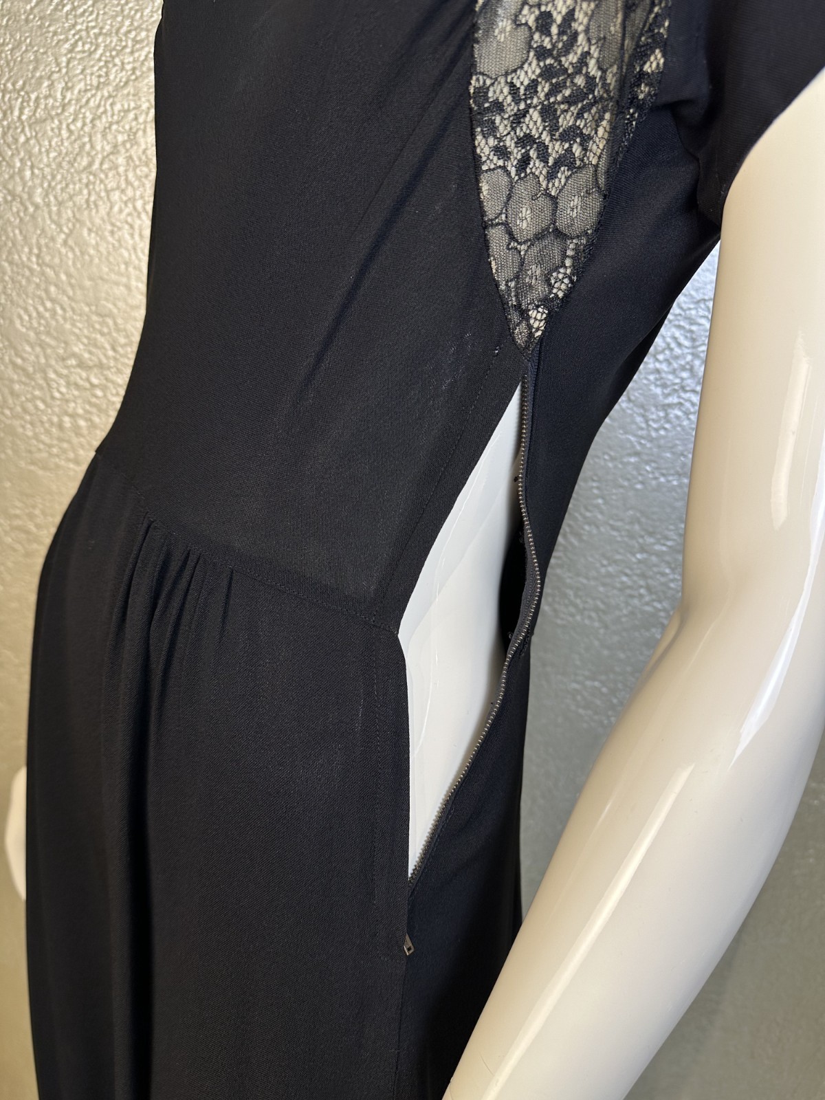 Vintage 1940s Ladies Handmade Black Rayon Dress w/ Silk Lace Shoulder Yoke XS