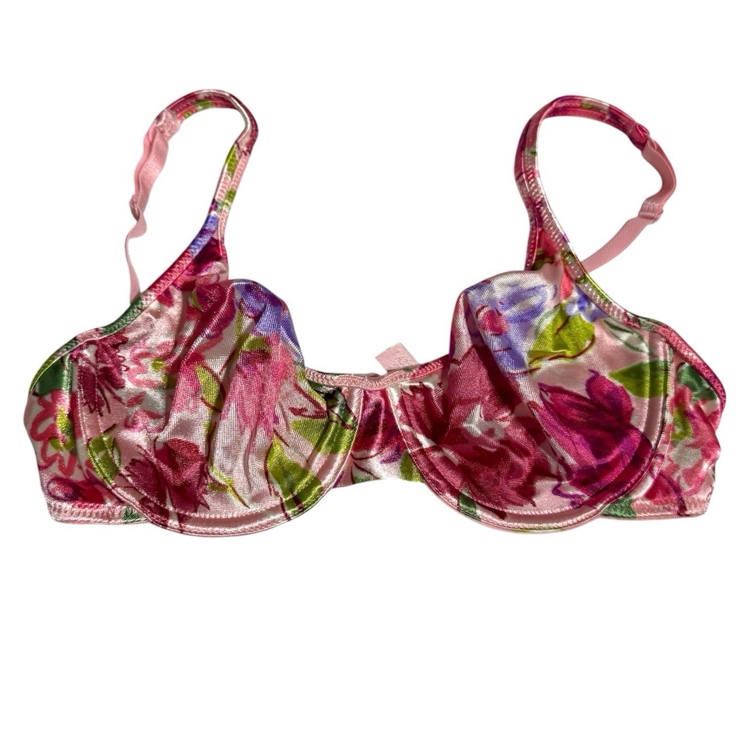 Vintage Victoria Secret Shiny Second Skin Satin Underwire Bra Floral 36B Pink